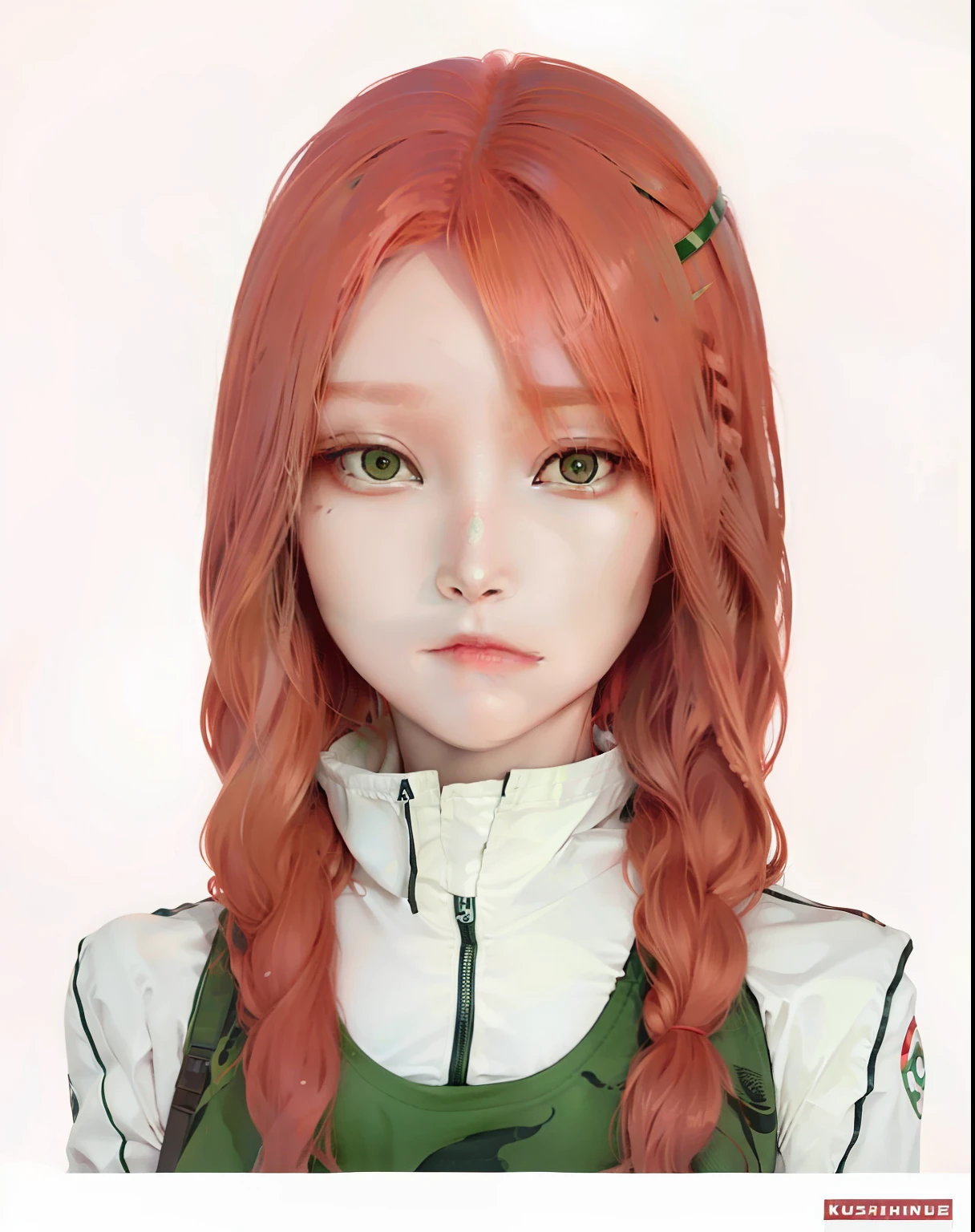 1girl, uzumaki kushina, red hair, long hair, green eyes, green clothes, big breasts, jungle background, realistic, ultra detail