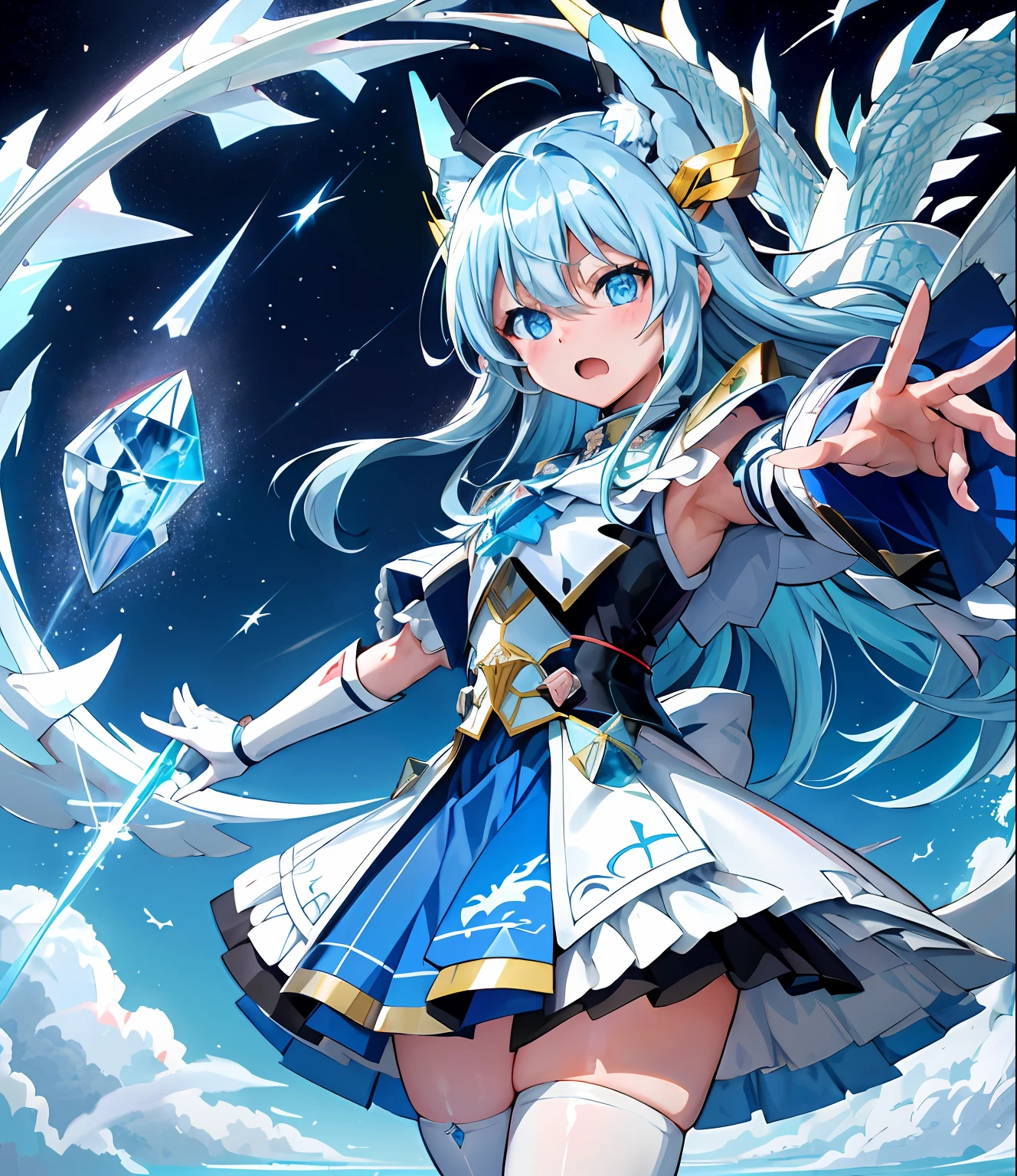 masutepiece、Ultra-high-definition digital art、(遊☆戯☆王デュエル)、1girl in、Iridescent hair、straight haired、High School Uniform、(遊☆戯☆王デュエルディスク)、Crystal clear skin、kawaii eyes、、perfect hand、intricate detailes、sharpnes、遊☆戯☆王カード、Blue Eyes White Dragon、Blue Eyes White Dragon is in front of a girl、Lift a single card high into the heavens