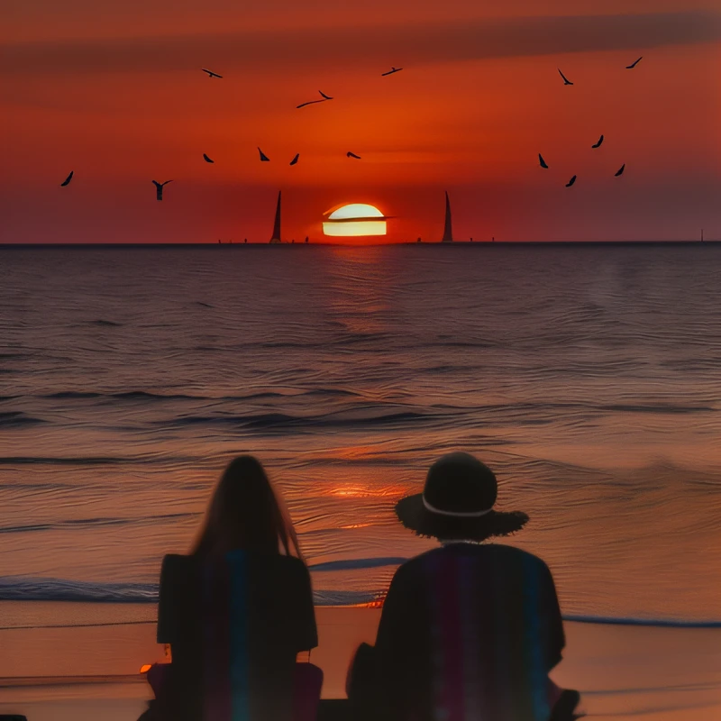 Two people sitting in chairs watching the sunset, watching the sunset, large twin sunset, Sunset view, sunsettime, Sunset!!!, with a sunset, late sunset, With sunset, watching the sunset. Anime, at a beautiful sunset, on the beach during sunset, looking out at a sunset, gorgeous romantic sunset, watching the sunset，Male left female right