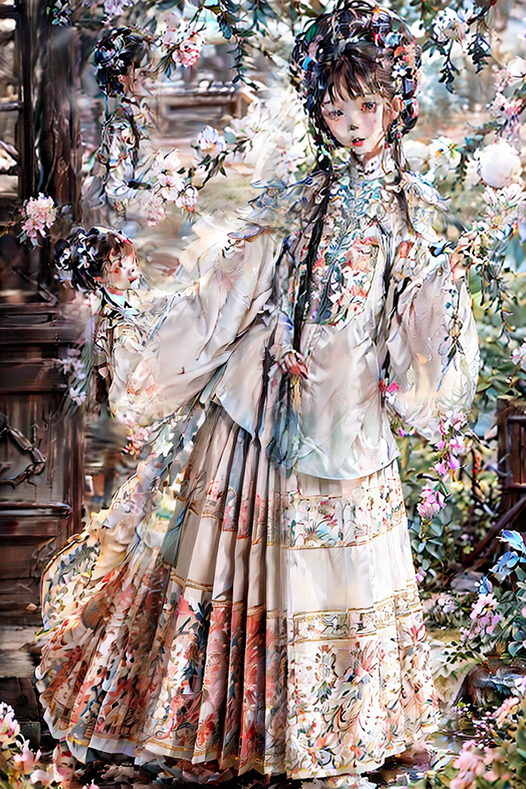 zhongfenghua, 1girl, (full body) solo, hanfu, flower field, blossom, (white smokes:1.3) (photorealistic:1.4), zentangle, mandala, entangle, official art, unity 8k wallpaper, ultra detailed, beautiful and aesthetic, masterpiece,best quality, (dynamic angle:1.4), glowing skin, (floating colorful sparkles:1) the most beautiful form of chaos, elegant, a brutalist designed, vivid colours, romanticism depth of field,
