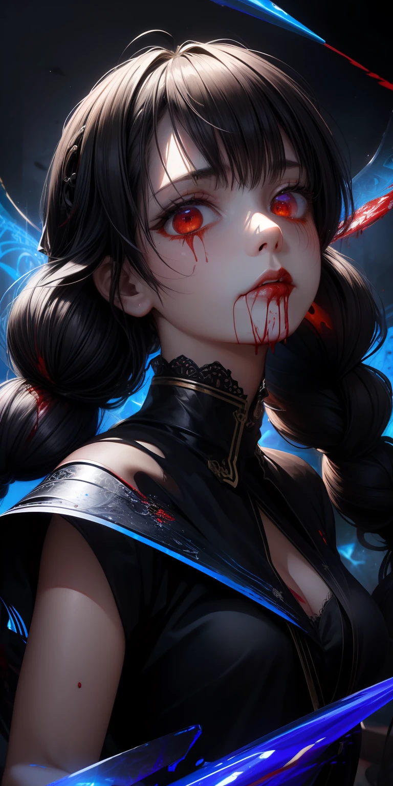 (masterpiece:1.2, best quality), (finely detailed beautiful eyes: 1.2), (detailed background,dark fantasy), (beautiful detailed face), high contrast, (best illumination, an extremely delicate and beautiful), ((cinematic light)), colorful, hyper detail, dramatic light, intricate details, (1 girl, solo,black hair, sharp face,low twintails,red eyes, hair between eyes,dynamic angle), (blood splatter:1.4), swirling black light around the character, depth of field,black light particles,(broken glass),magic circle,