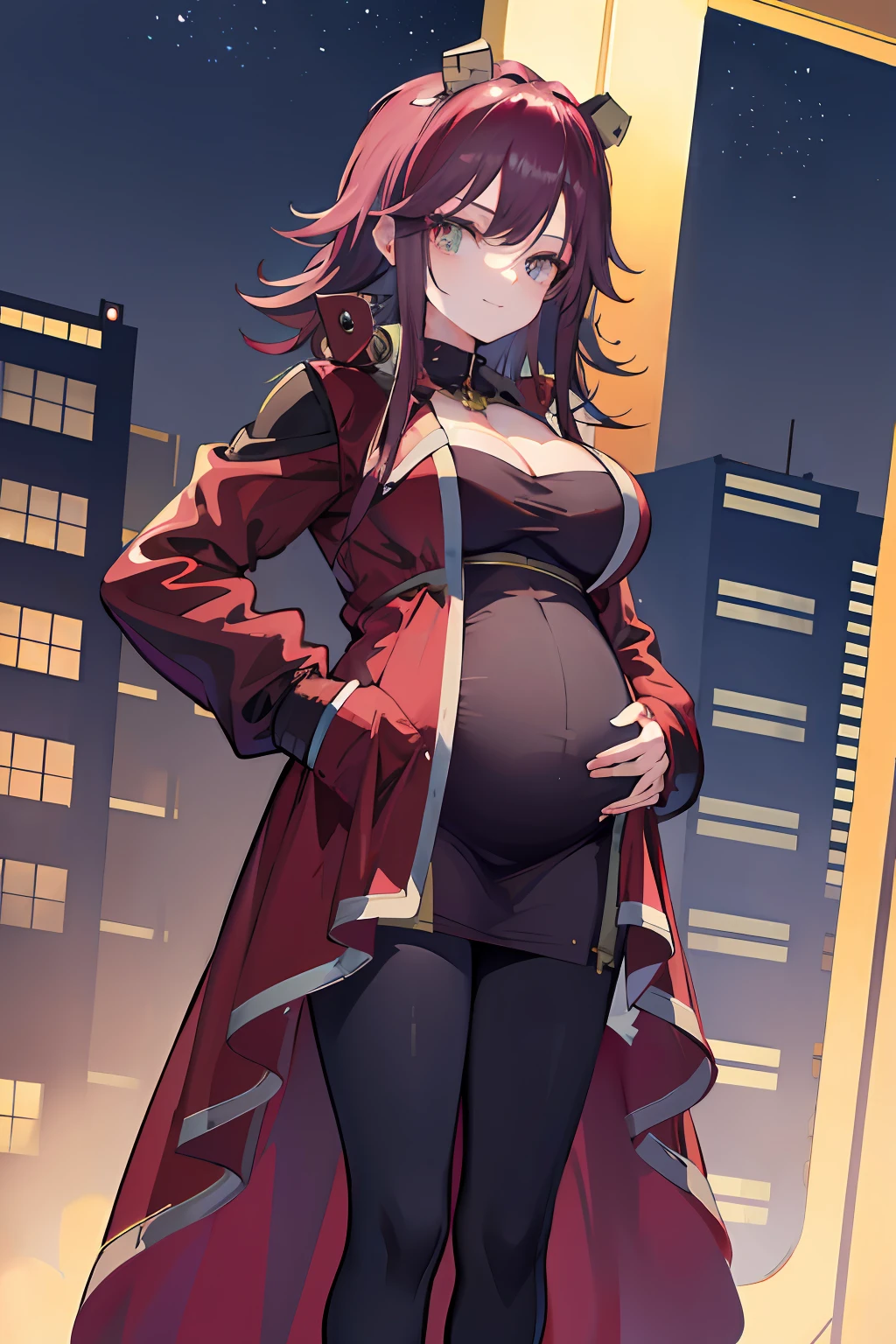 1girll，nightcity，Sateen，coat large，Put your hands in your pockets，Pregnant belly, One-piece tights, cabelos preto e longos, Large breasts, Raised sexy, Charming eyes, ssmile, style of anime, 8K, Super detail, The highest quality pregnant belly, Maternity wear，Maternity wear，Pregnant belly，Pregnant belly