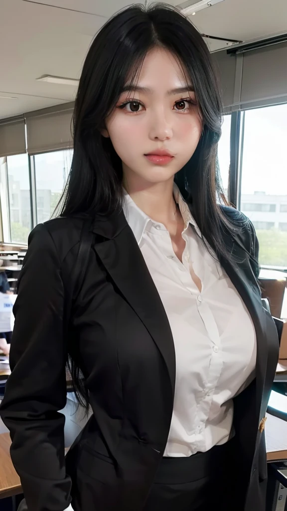 woman, long black hair, black eyes, detailed face, detailed body, well-defined body, teacher clothes , in a classroom, very detailed, high detail, masterpiece