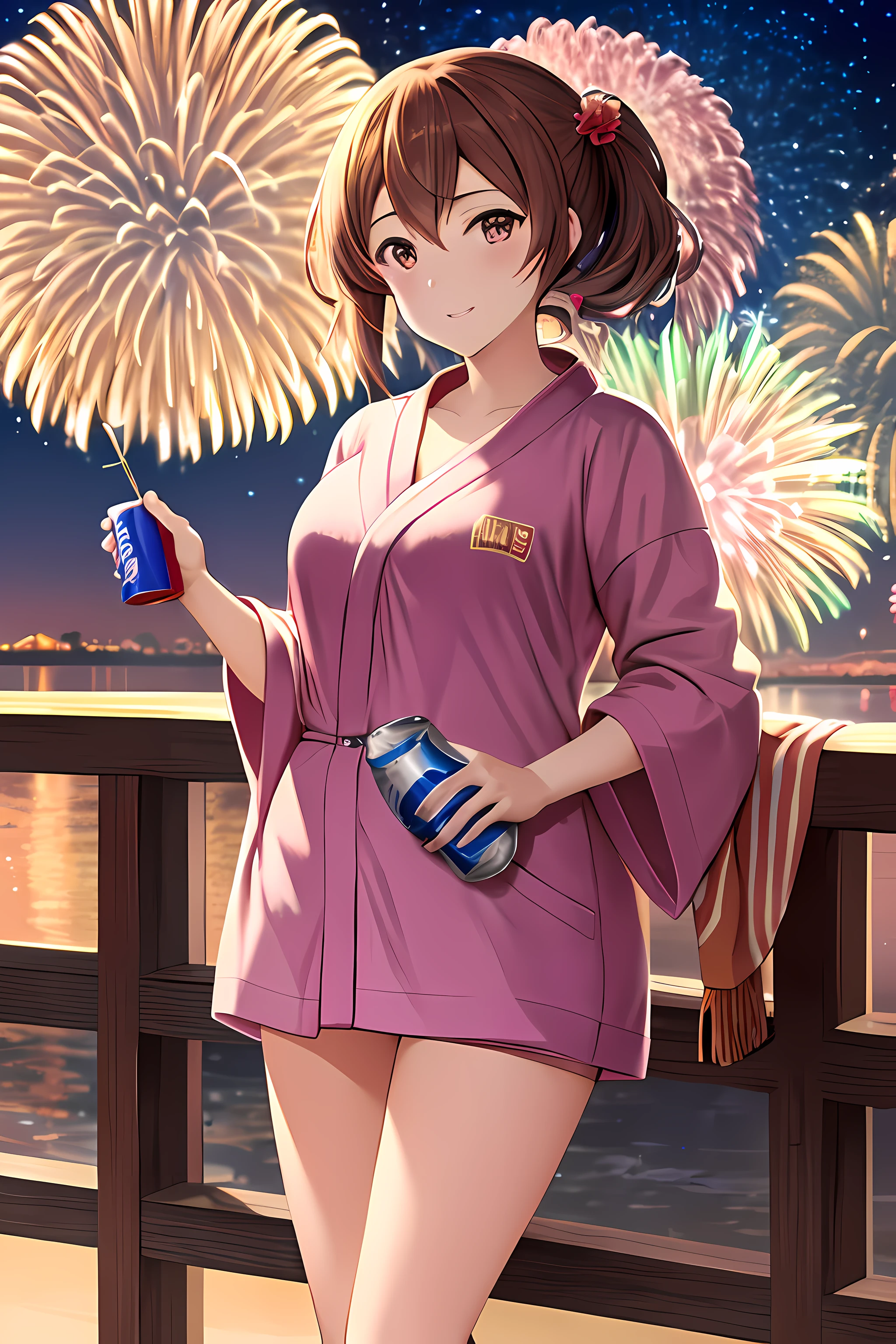 Anime beautiful girl in splash art style standing in front of fireworks, Holding a can of soda in your hand, The best quality 4K Kona-chan wallpaper, Anime characters drinking energy drinks, Moe Art Style, Fireworks full of skies！, Beautiful girl in Kantai collection style, shirobako, guweiz on pixiv artstation、bathrobe