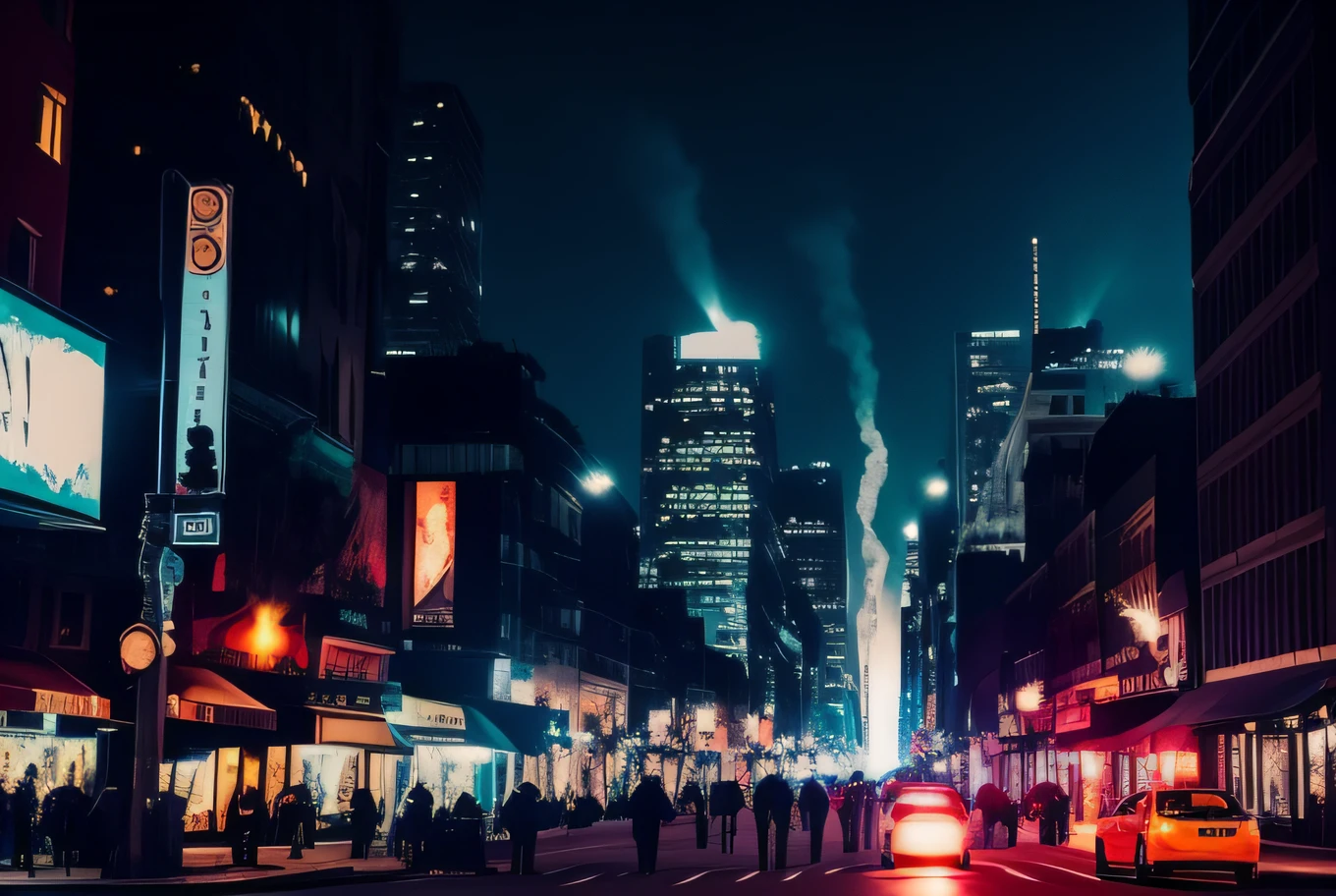 Creative inspiration: (1 man), (black tattoo: 1.2), (smoky makeup), (night city), (bustling street), (road perspective), halo effect