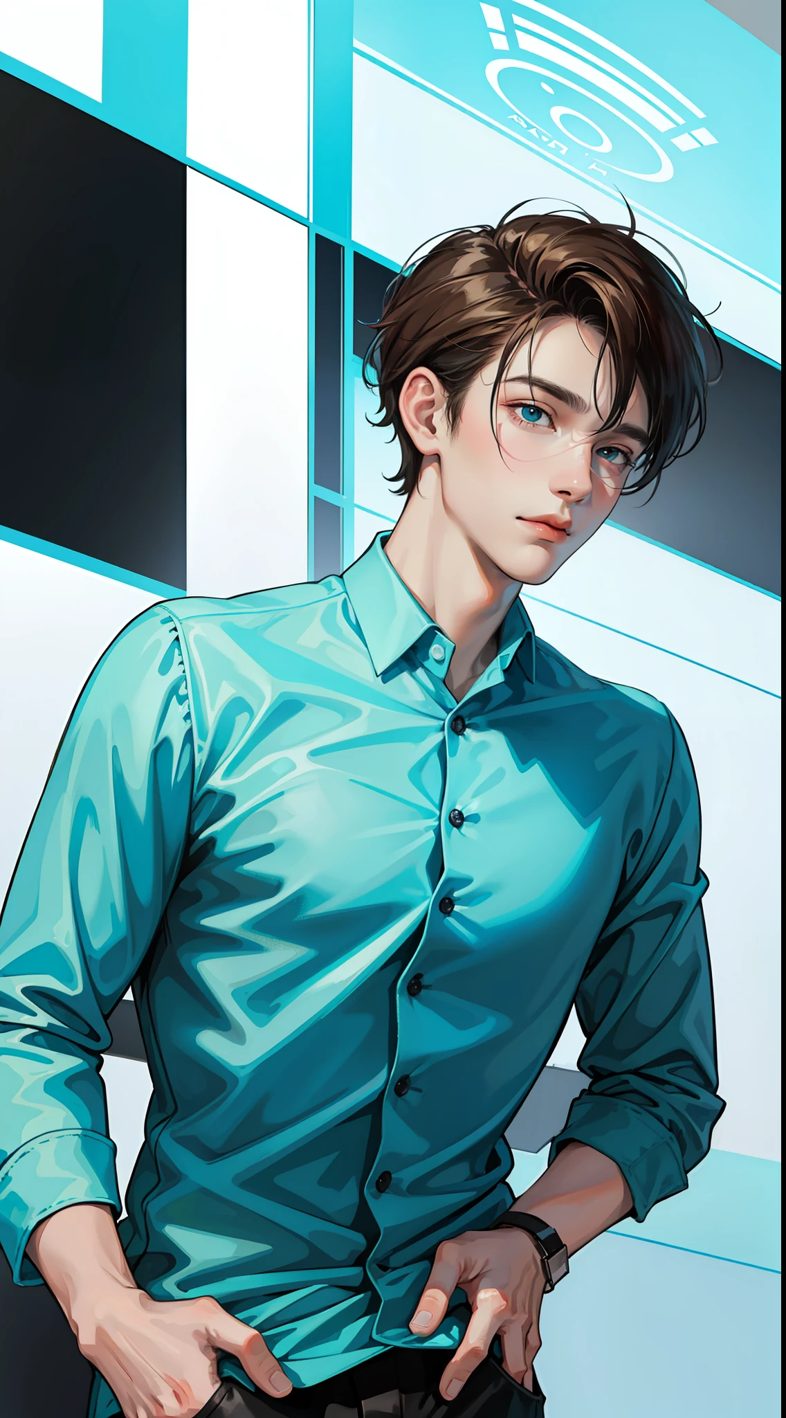 A young and handsome man，Wearing a cyan shirt