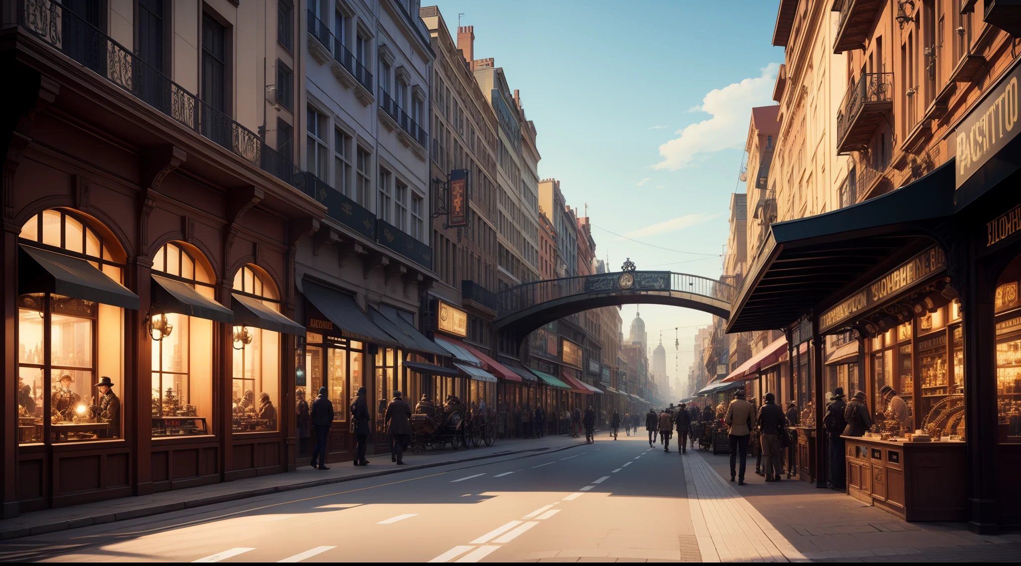 Steampunk world、Boulevards of large cities、Bustling street、Pedestrian mall、chimney、Watches、gear wheel、unmanned、
