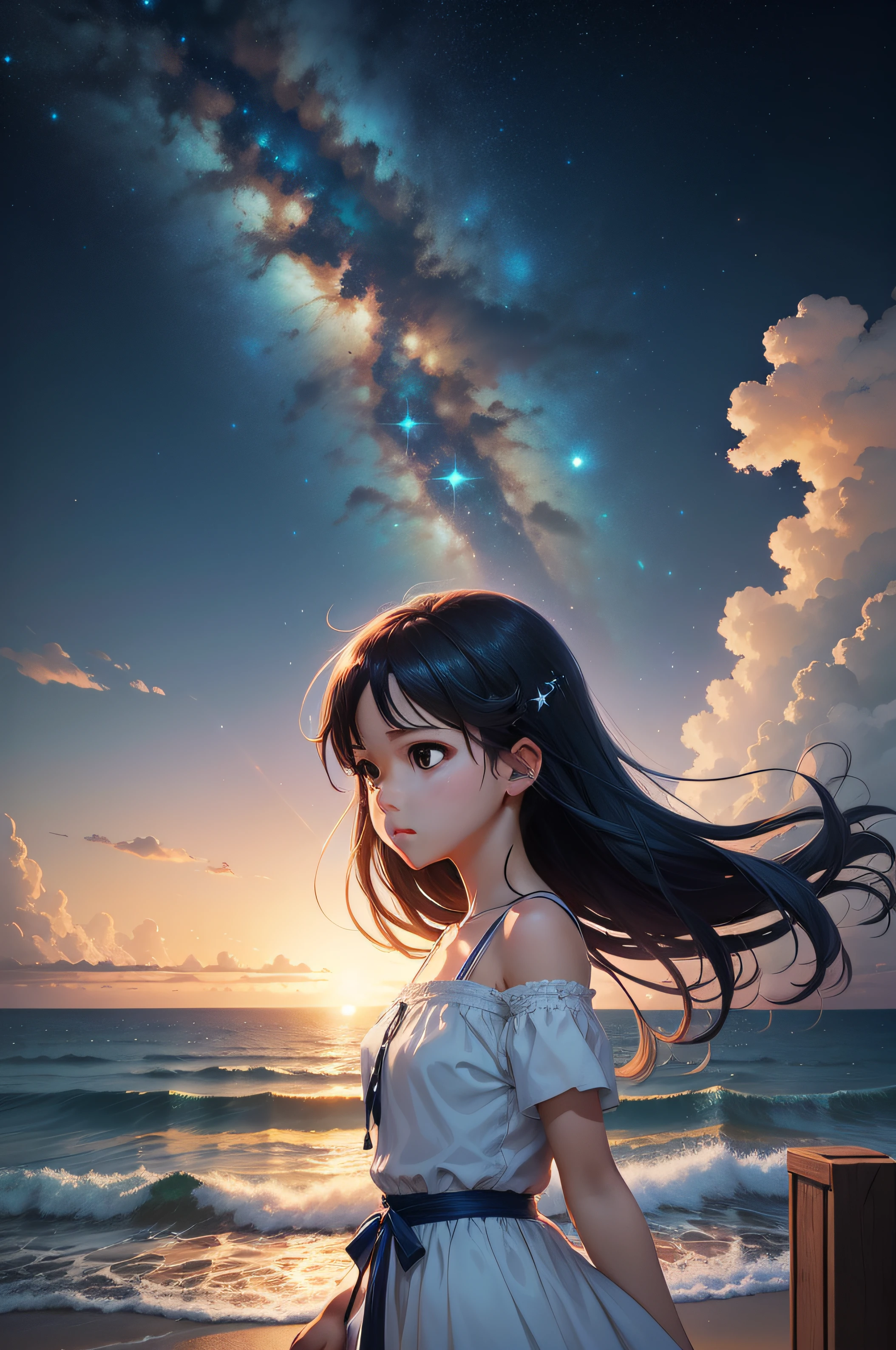 Starry sky，A pair of boys and girls holding hands by the sea，Look up at the twinkling stars together。They wore white dresses，The girl has dark blue hair。The endless universe in space serves as a backdrop，The Milky Way shines brightly。On screen，A beautiful girl standing on the horizon，Look to the universe。This is an amazing wallpaper，Inspired by the anime artworks of Makoto Shinkai and Cyril Rolando。