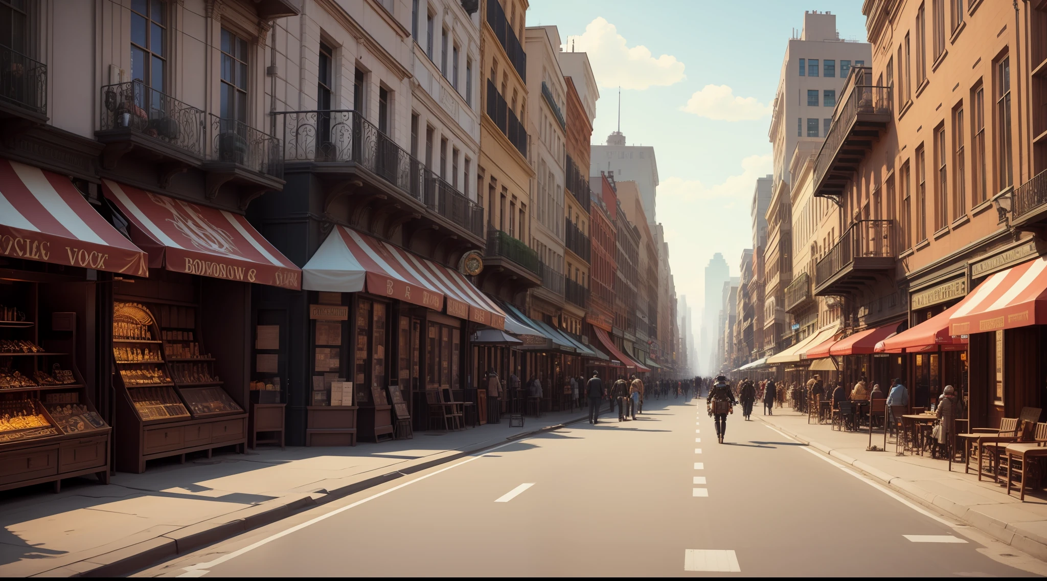 Steampunk world、Boulevards of large cities、Bustling street、Pedestrian mall、chimney、Watches、gear wheel、unmanned、