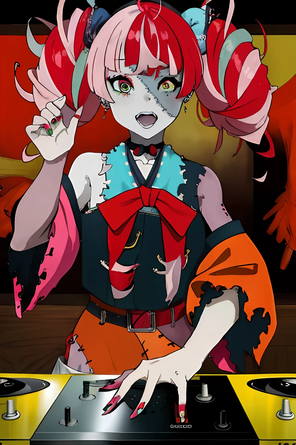 Ollie
multicolored hair
multicolored eyes
zombie_skin
traditional dress
twintails a DJ, showcasing her skills on the turntables