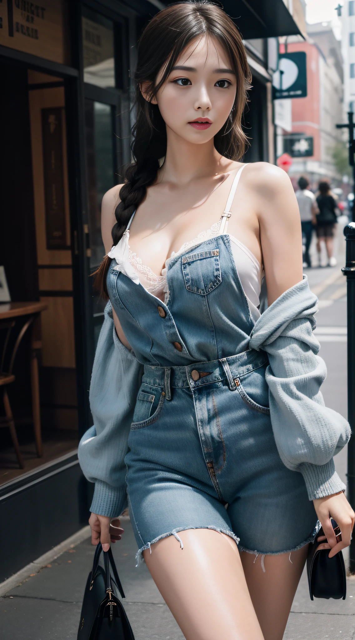 1.Best quality ,Masterpiece, illustration, An extremely delicate and beautiful, Extremely detailed,Best quality, offcial art, Extremely detailed Cg Unity 8K wallpaper, absurderes, hugefilesize , Ultra-detailed, A high resolution ,1girll,Street photography,Positive focus。full bodyesbian;1.5,Twist braids,Lingerie with a slinger,denim short