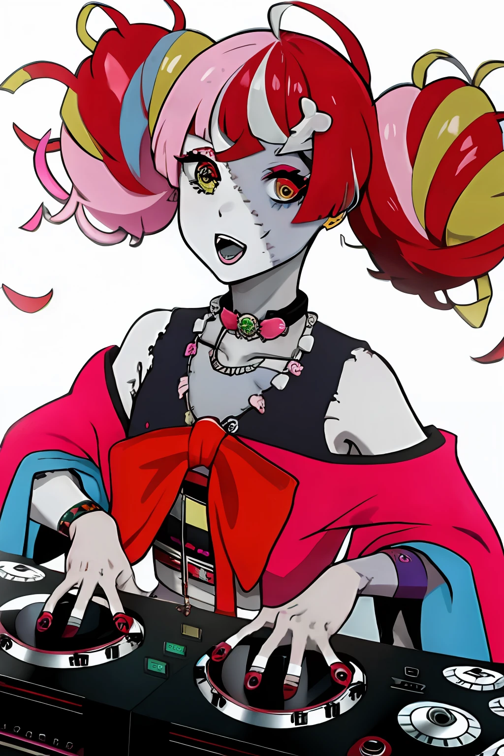 Ollie
multicolored hair
multicolored eyes
zombie_skin
traditional dress
twintails a DJ, showcasing her skills on the turntables