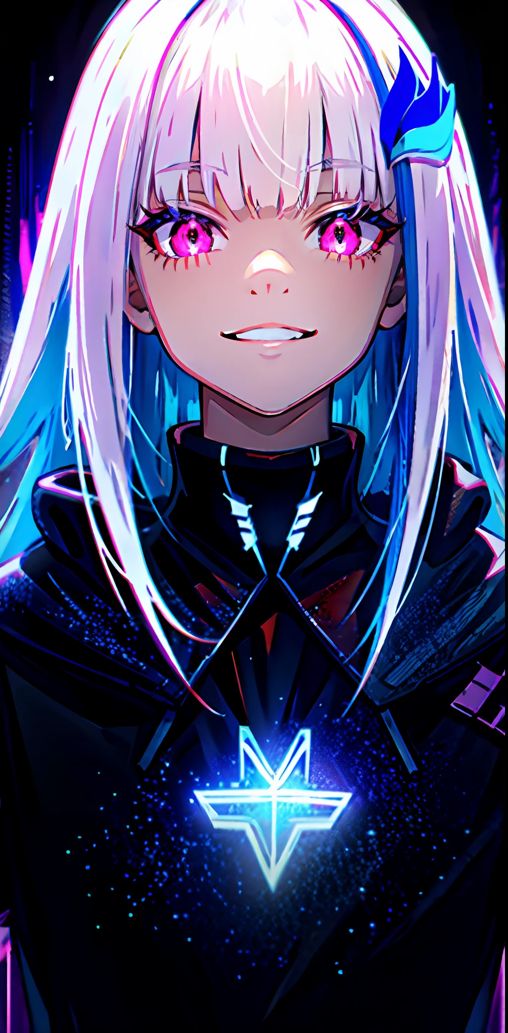 detailed background, masterpiece, top quality, evil smile, ornament, hoodie, portrait, blue neon, graffiti, dark, night, glowing eyes, black light, long hair, pink eyes