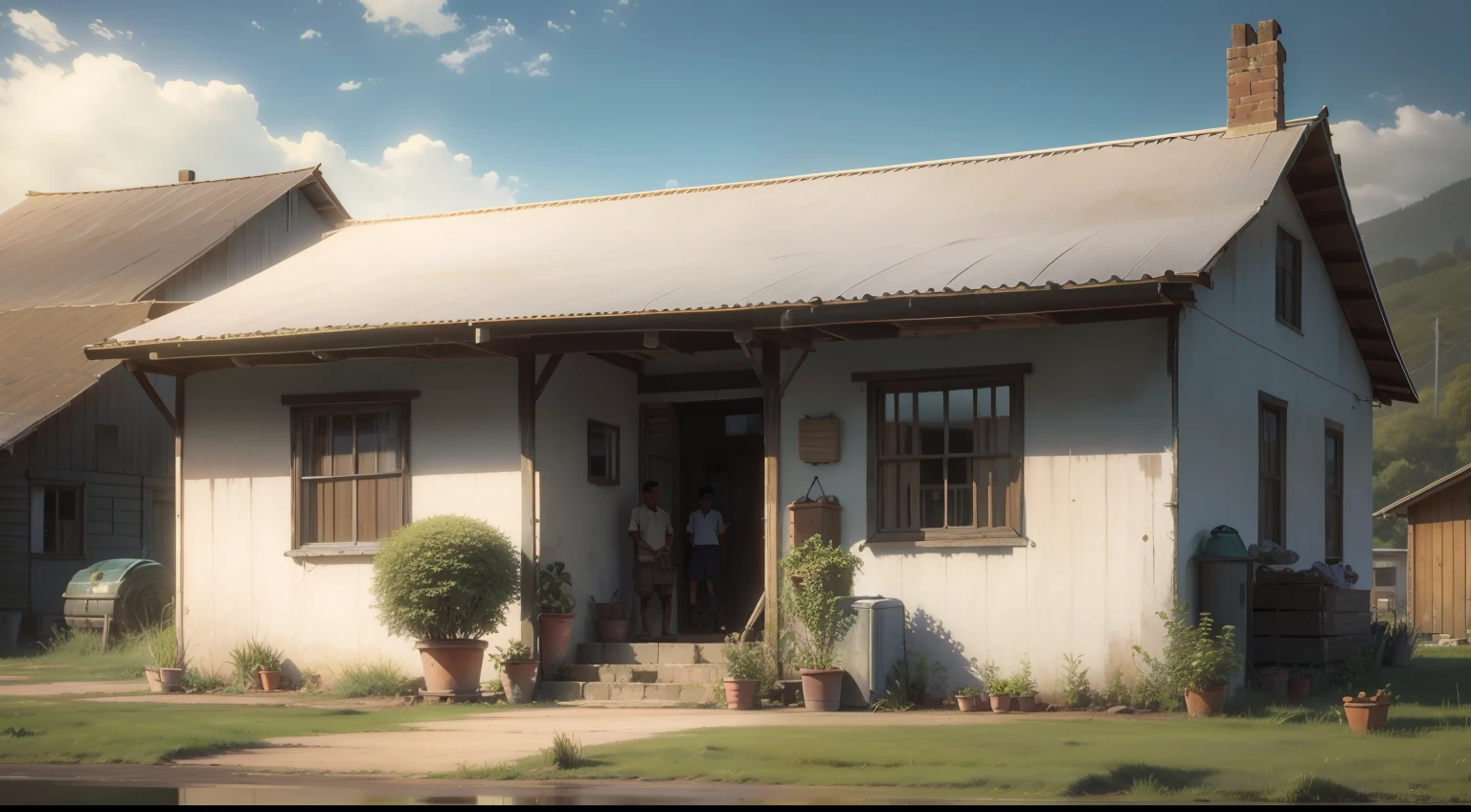 A simple rural family，A young man stands in front of the house，With a smile