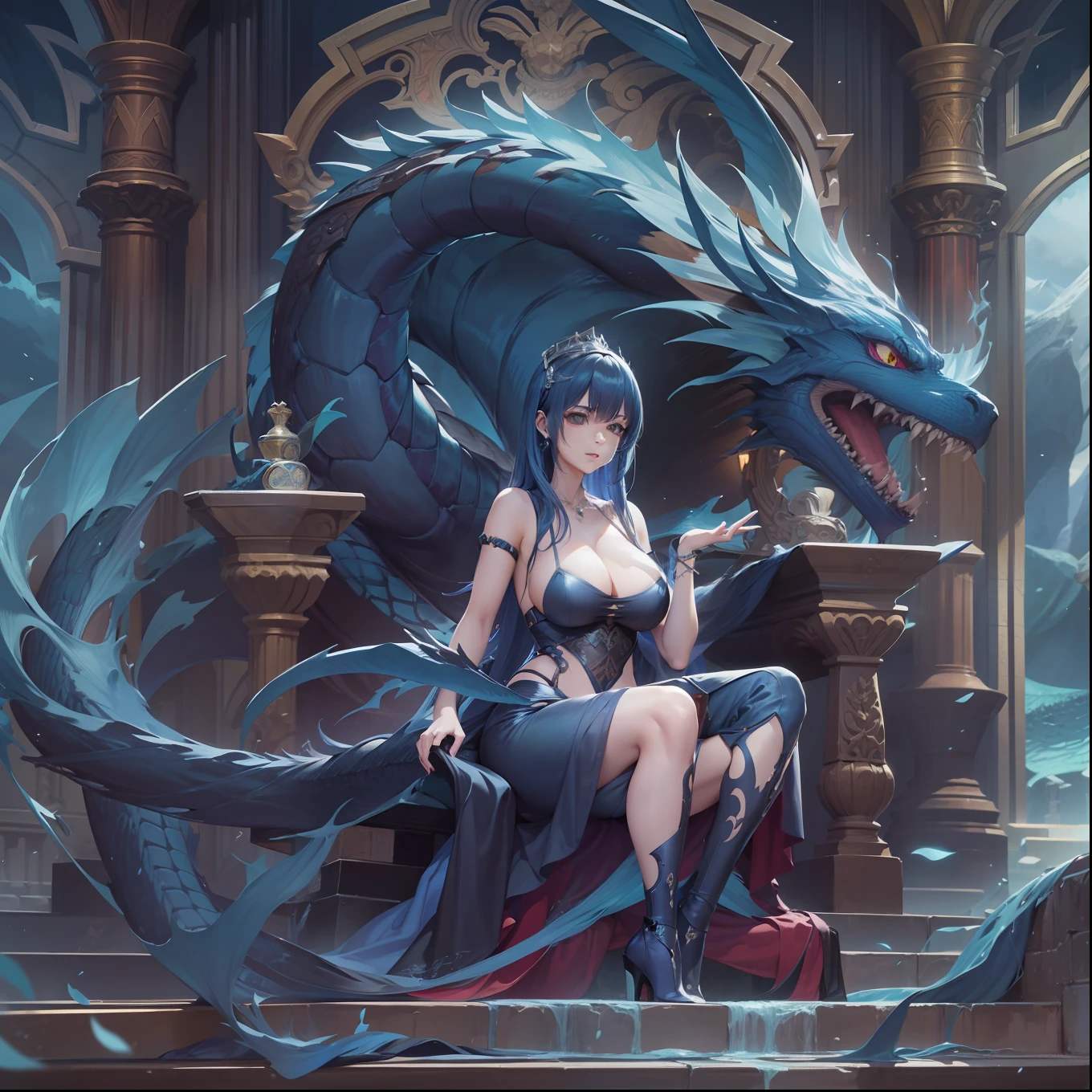 anime girl with sword and dragon in background, anime fantasy artwork, anime fantasy illustration, badass anime 8 k, anime art wallpaper 4 k, anime art wallpaper 4k, 2. 5 d cgi anime fantasy artwork, anime art wallpaper 8 k, detailed digital anime art, beautiful fantasy anime, anime epic artwork, 4k anime wallpaper, detailed anime artwork, sexy, sexy, big boobs, women, A queen is sitting on a throne in the underwater palace, the queen has dark blue hair that goes past her butt, tifa's face, tifa-like hair, blue eyes, cold demeanor, wearing a tight dress sexy close-up, big boobs, big butt, belly, topless outfit, a long blue sea dragon entwining her throne, architectural style final fantasy 15, DARK, Haunted Book MAGIC, CHARACTER, MAGIC EFFECTS, MAGIC ILLUSION, MAGIC ARCHITECTURE