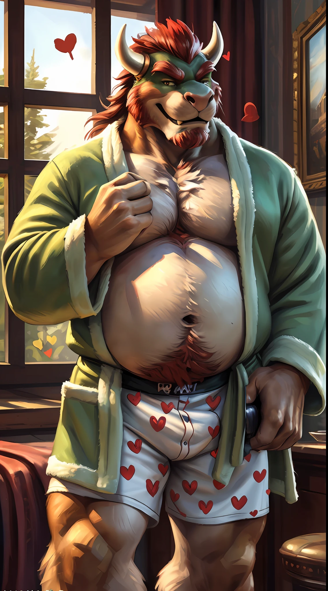 bowser, long beard, seductive smile, happy trail,smirk, (red hearts pattern white long boxers:1.5),(green bathrobe:1.3),indoors, bedroom, male focus, Big belly, chubby, happy trail, fat, overweight male, obese male,(intricate, high detail, film photography, soft focus, RAW candid cinema, photorealism, realistic, photorealistic, analog style, subsurface scattering, masterpiece, best quality, ultra realistic, 8k)by bruteandbrawn, by personalami, by kenket house, drunk, seductive smile,