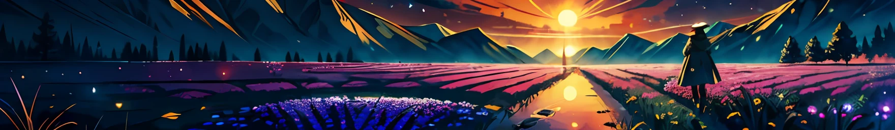 A wide landscape photo, (viewed from below, the sky is above, and the open field is below), a girl standing on a flower field looking up, (full moon: 1.2), (meteor: 0.9), (nebula: 1.3), distant mountains , Trees BREAK Crafting Art, (Warm Light: 1.2), (Firefly: 1.2), Lights, Lots of Purple and Orange, Intricate Details, Volumetric Lighting BREAK (Masterpiece: 1.2), (Best Quality), 4k, Ultra Detailed, (Dynamic Composition: 1.4), Rich in Detail and Color, (Rainbow Color: 1.2), (Glow, Atmospheric Lighting), Dreamy, Magical, (Solo: 1.2)