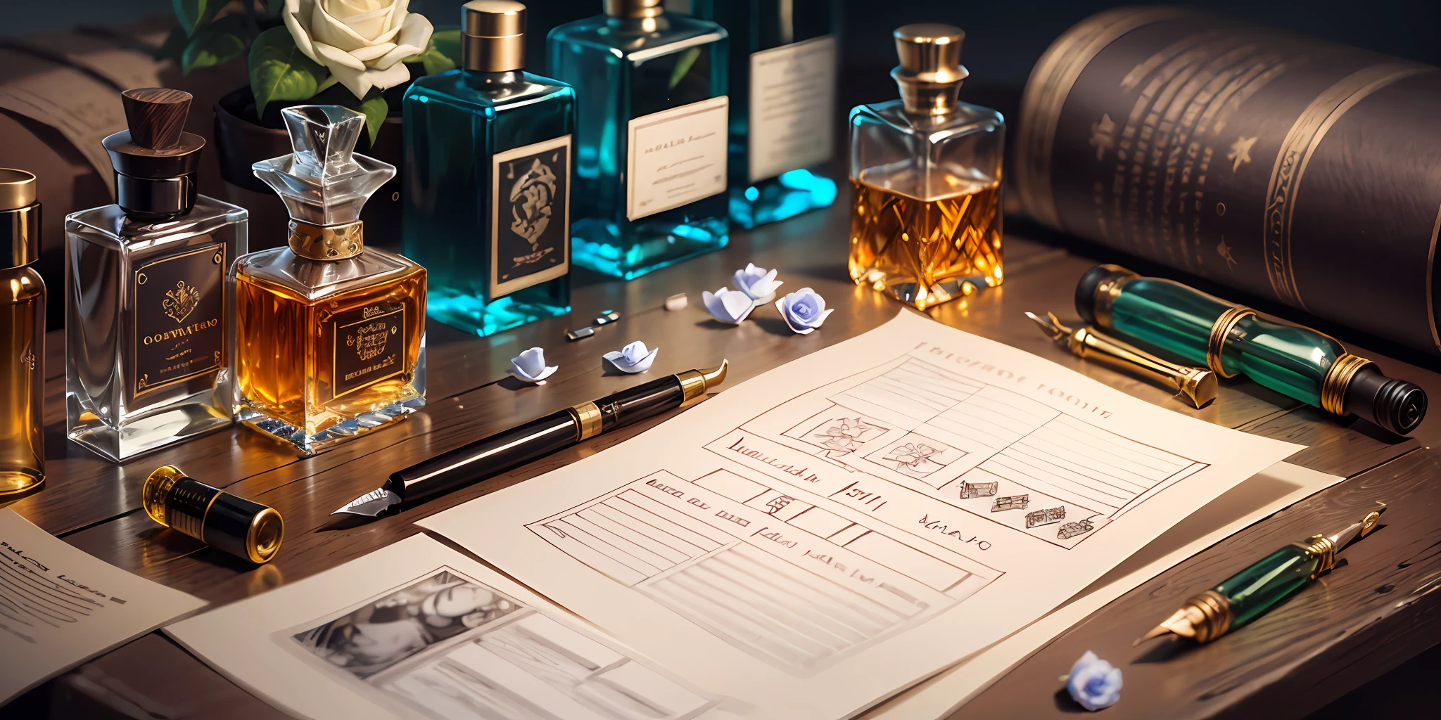 Knolling layout,Many parts,Character sheet,Highly detailed,Depth,No characters,Small perfume glass bottle,White rose,book,charactor,magazine title ,Fountain Pen,Vial ink