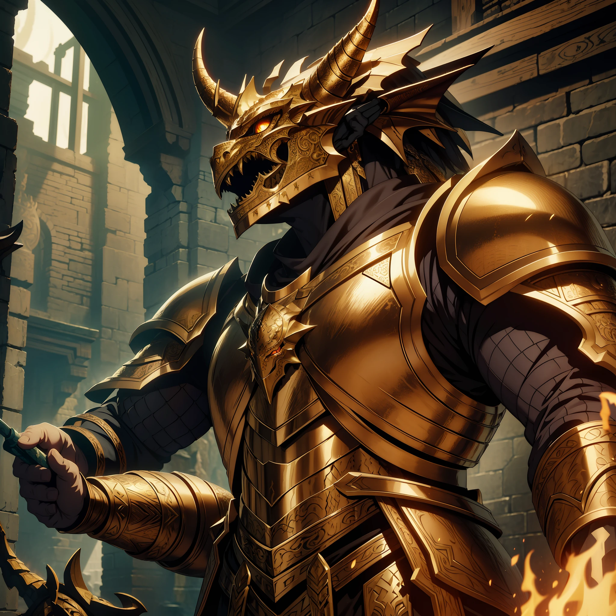 Wear ornate medieval armor, hyper-detailed fantasy character, Stunning armor, on an epic intricate oroboros, intricate bronze armour, unreal engine rendered, Half-dragon in ancient armor,The body is covered with scales,Dragon horns on the head,The whole body burned with flames,In his left hand he holds a huge hammer