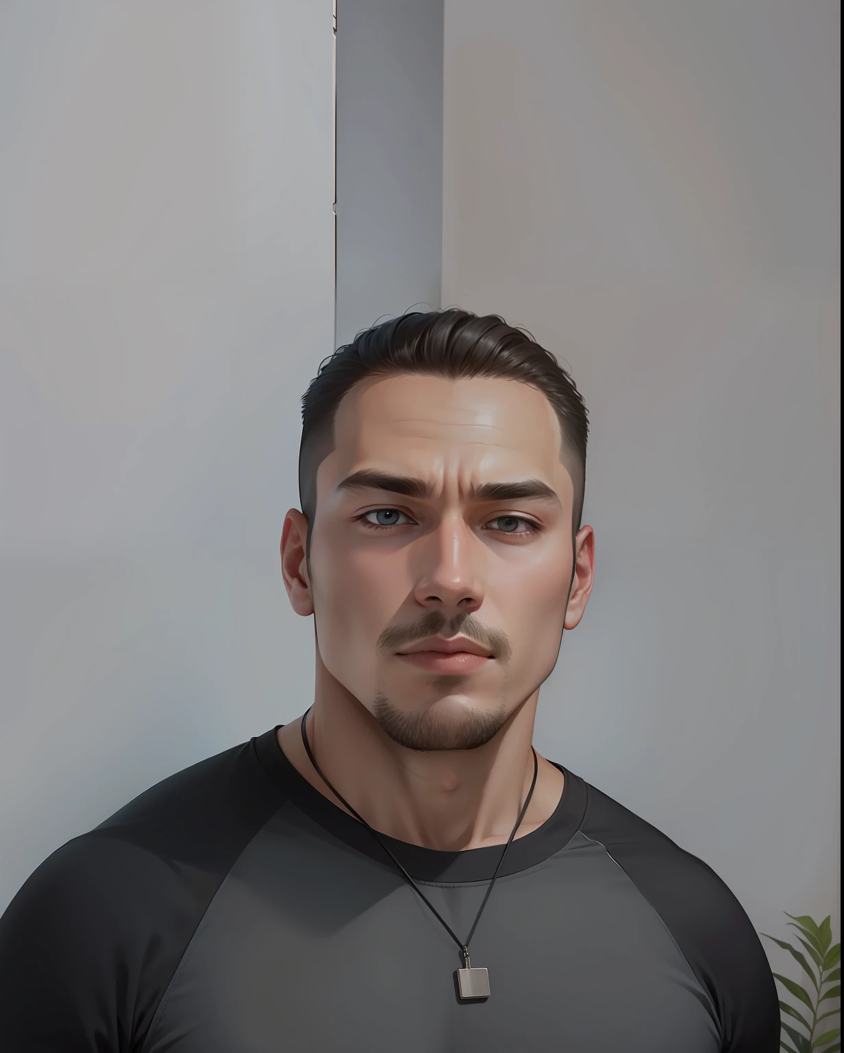 A man with a big back,Clean face,Slightly raised corners of the mouth
