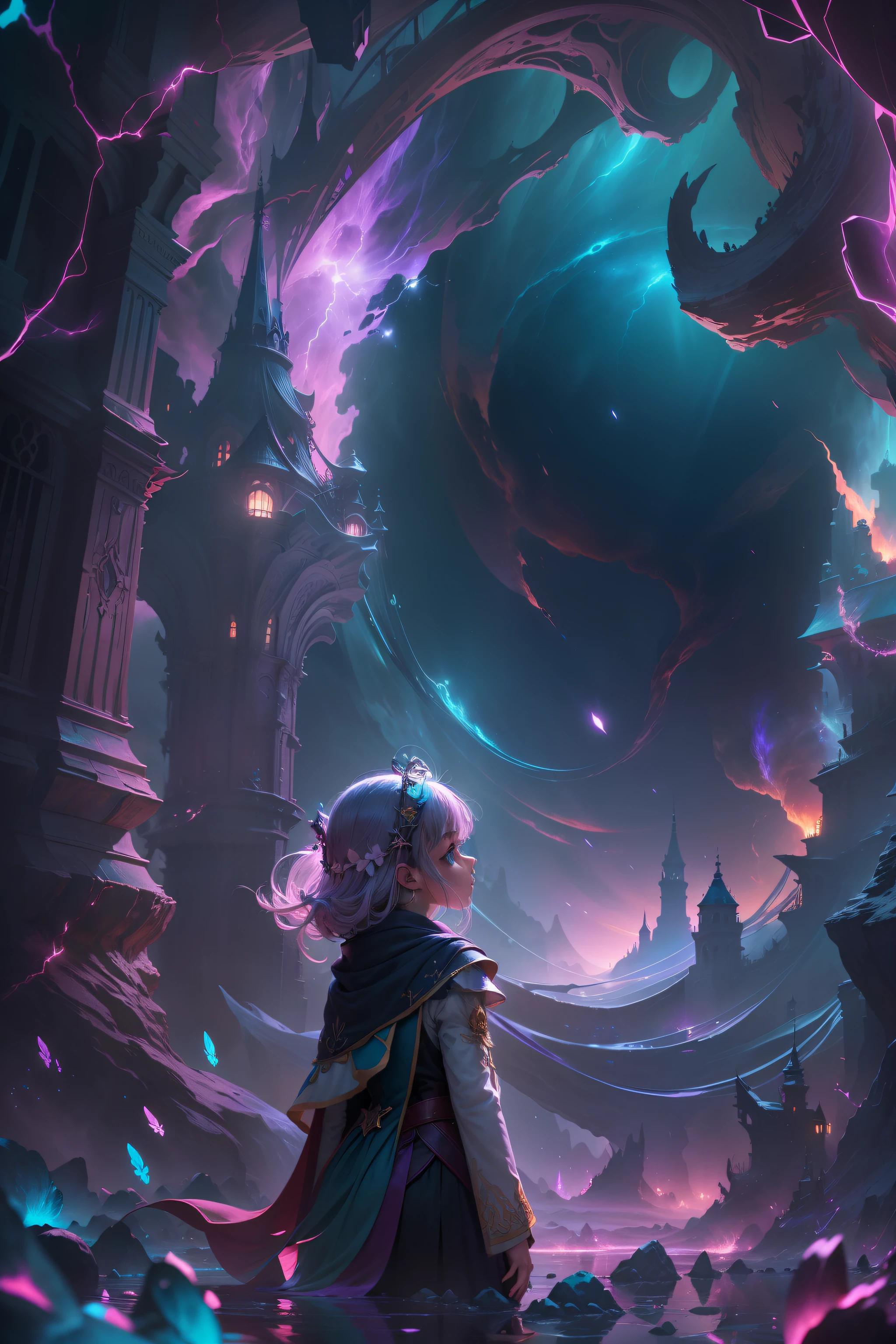 Picture quality:A masterpiece of high detail,8K,High-resolution body content:Leads to the abyss,Broad perspectives,fanciful,Full of mystery,Bask in the breath of chaos,Hopeful,Divine piety ,Look out into the background:Dazzling colors, girl looking into the distance atmosphere:Mysterious and unknowable sense of light,Intense violet light,Magic beam,The fantasy of the future world is intertwined with reality,Color:Infused with ethereal hues and luminous turquoise hues,High purity color, composition:Vista composition,tilted angle,ultra-wide-angle,Style reference:Virtual Engine,The magical texture of the ghost spark,Chaotic real world