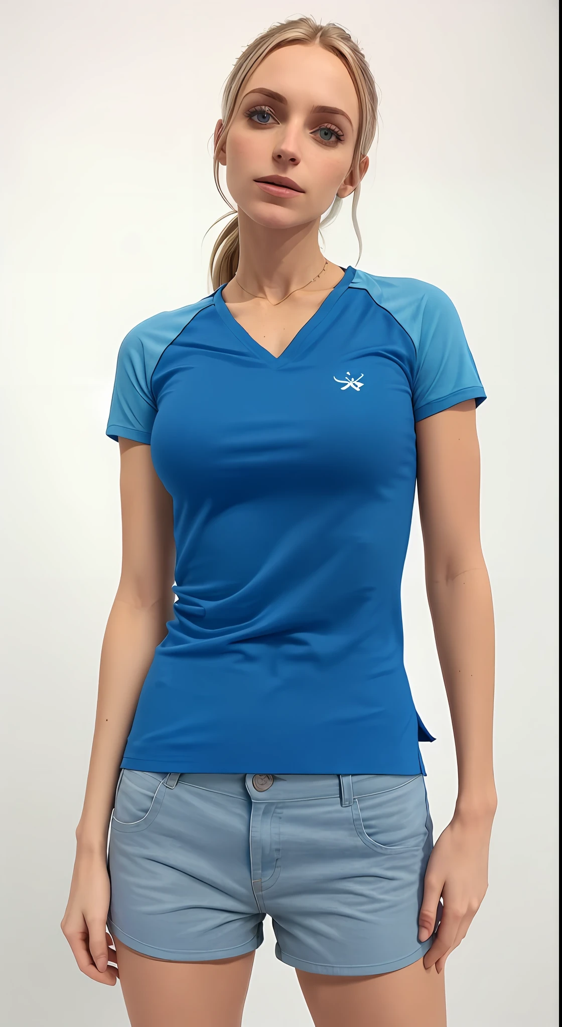 uma mulher linda, muito bonita de olhos castanhos e cabelos Brown onduladose volumosos de camisa azul e short roxa, tshirt azul apertada, mangas curtas, Basic T-shirt, camisa azul escura, azul-marinho, camisa fosca, camisa levemente apertada, em uma camisa polo escura, camisa azul, escuro, t-topo, upper body visible, roupas casuais modernas, vestindo uma camiseta, imagem central, azul-marinho, Directed by: Lee Jeffreis