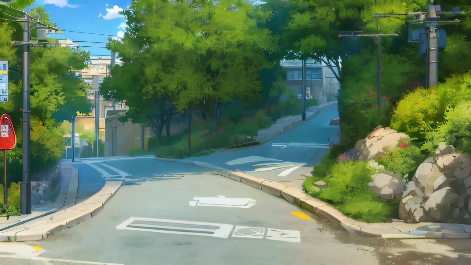 There is a street painting with traffic lights and stone walls, anime scene, Makoto Shinkai's style, Anime landscapes, Makoto Shinkai. —h 2160, studio glibly makoto shinkai, Shinkai sincerely, ( ( Makoto Shinkai ) ), kyoto animation still, Makoto Shinkai!