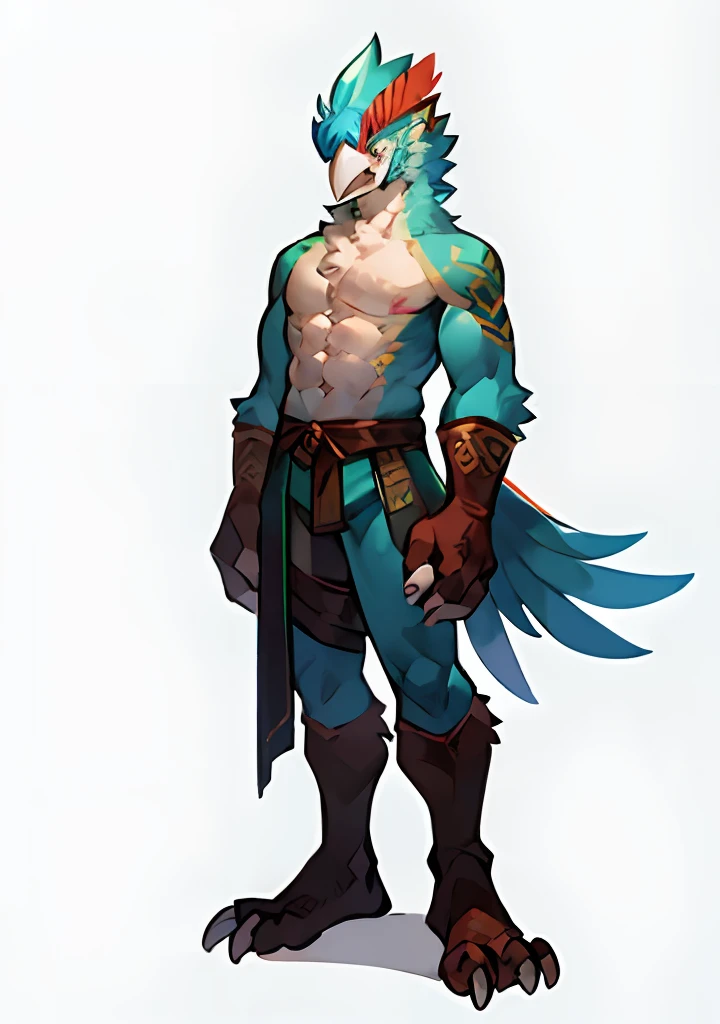 hand painted style，Hand-painted colored lead，best qualtiy，astounding，top Quority，white backgrounid，Birds orcs，avian，birds，Orc symbaroum，furry，birds，Birds and orcs，Nice feathers，Minimalist design，Sharp claws，Whole body diagram，Legend of Zelda，rito，Sophisticated and simple clothing style，white backgrounid，Beautiful facial features，Characteristics of birds，feater，Medium to thin physique，looking to the camera，No superfluous movements，Stand confidently with your hands down，Feet slightly apart，solo person，Inhuman characteristics，More characteristics of birds，Foot paws are bird claws of birds