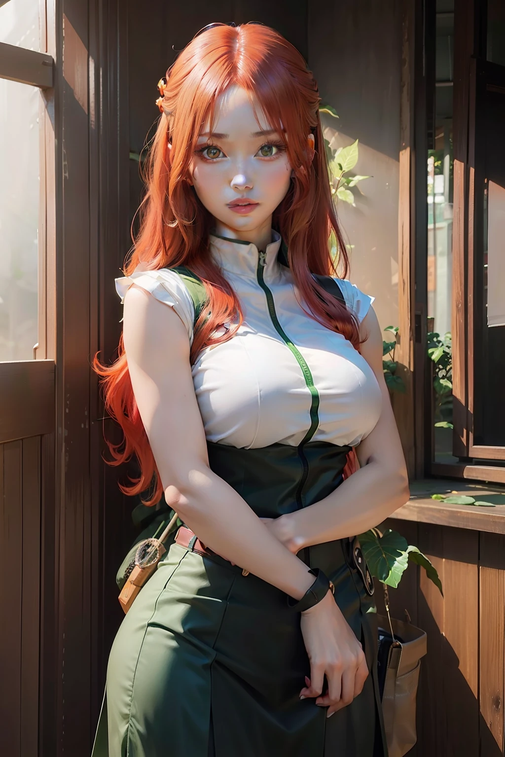 1girl, uzumaki kushina, red hair, long hair, green eyes, green clothes, big breasts, jungle background, realistic, ultra detail