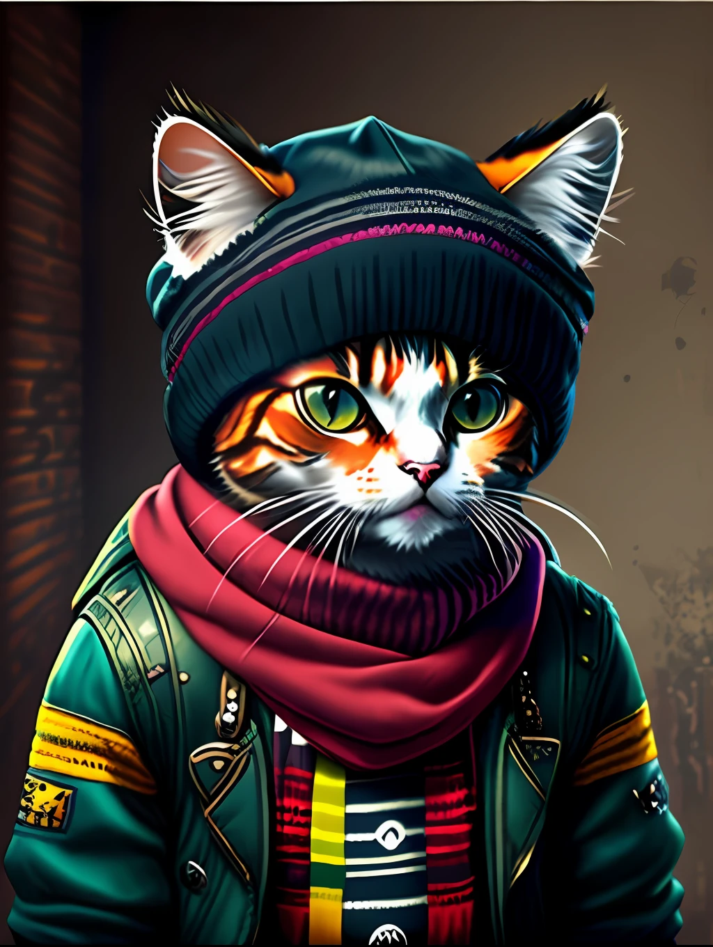 picture of a cat in a hat and scarf, art station trend, dressed in punk clothes, hyper realistic detailed rendering, british gang member, urban style, intimidating pose, planet of cats, fashion clothes, urban samurai, meow, west slavic traits, 8 1 5