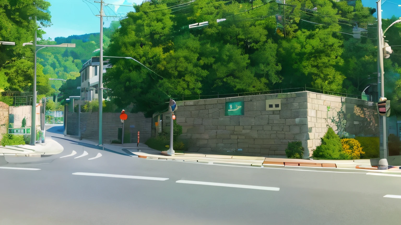 There is a street painting with traffic lights and stone walls, anime scene, Makoto Shinkai's style, Anime landscapes, Makoto Shinkai. —h 2160, studio glibly makoto shinkai, Shinkai sincerely, ( ( Makoto Shinkai ) ), kyoto animation still, Makoto Shinkai!