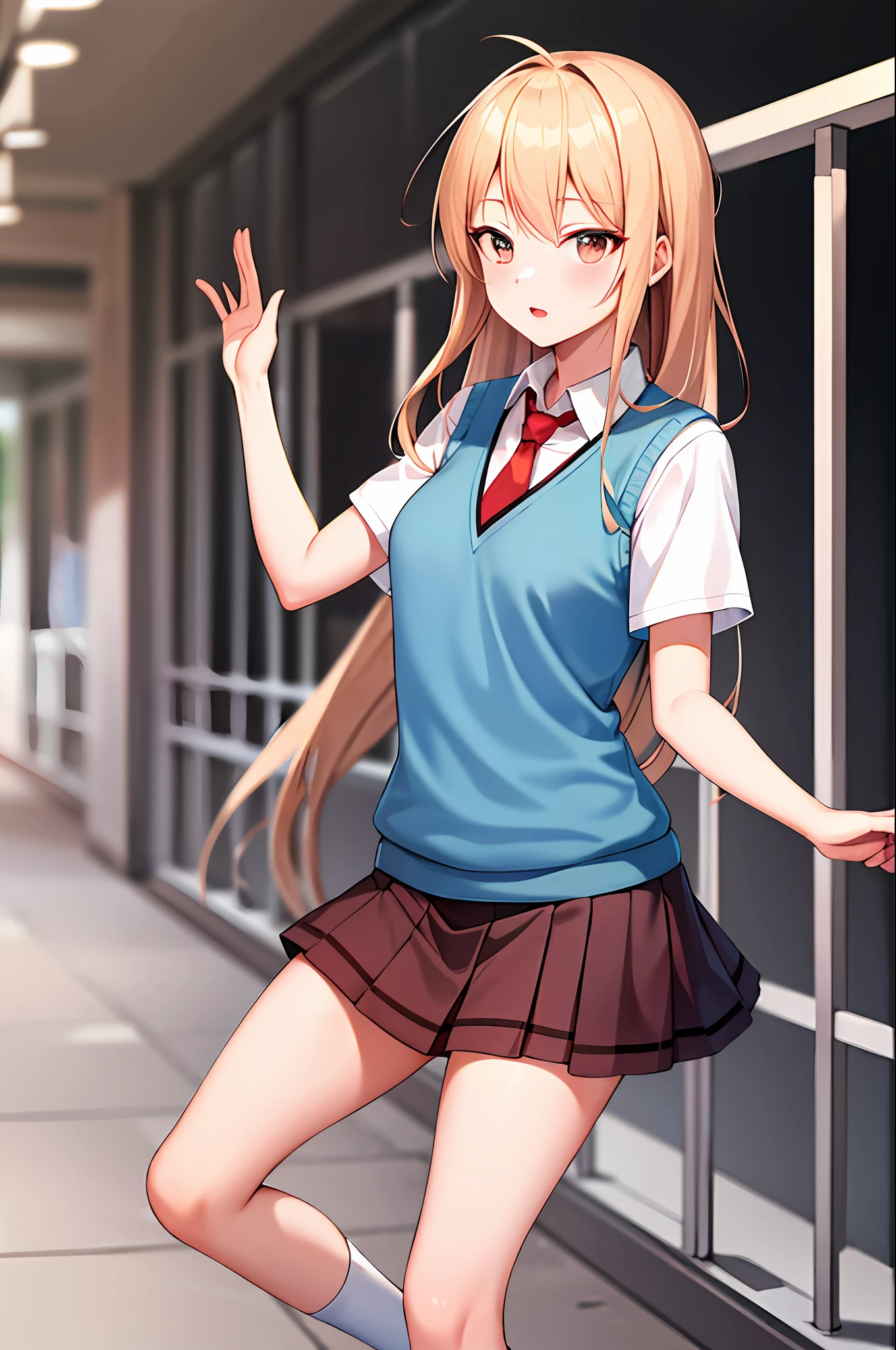 Masterpiece, Best Quality, High Resolution, Mashi1, Solo, Uniform, Red Tie, Pleated Skirt, Shirt, White Socks, Knee High, Short Sleeve, Sweater Vest, Chest, Sting, Frontal, Viviable, Active, Energetic, Wild