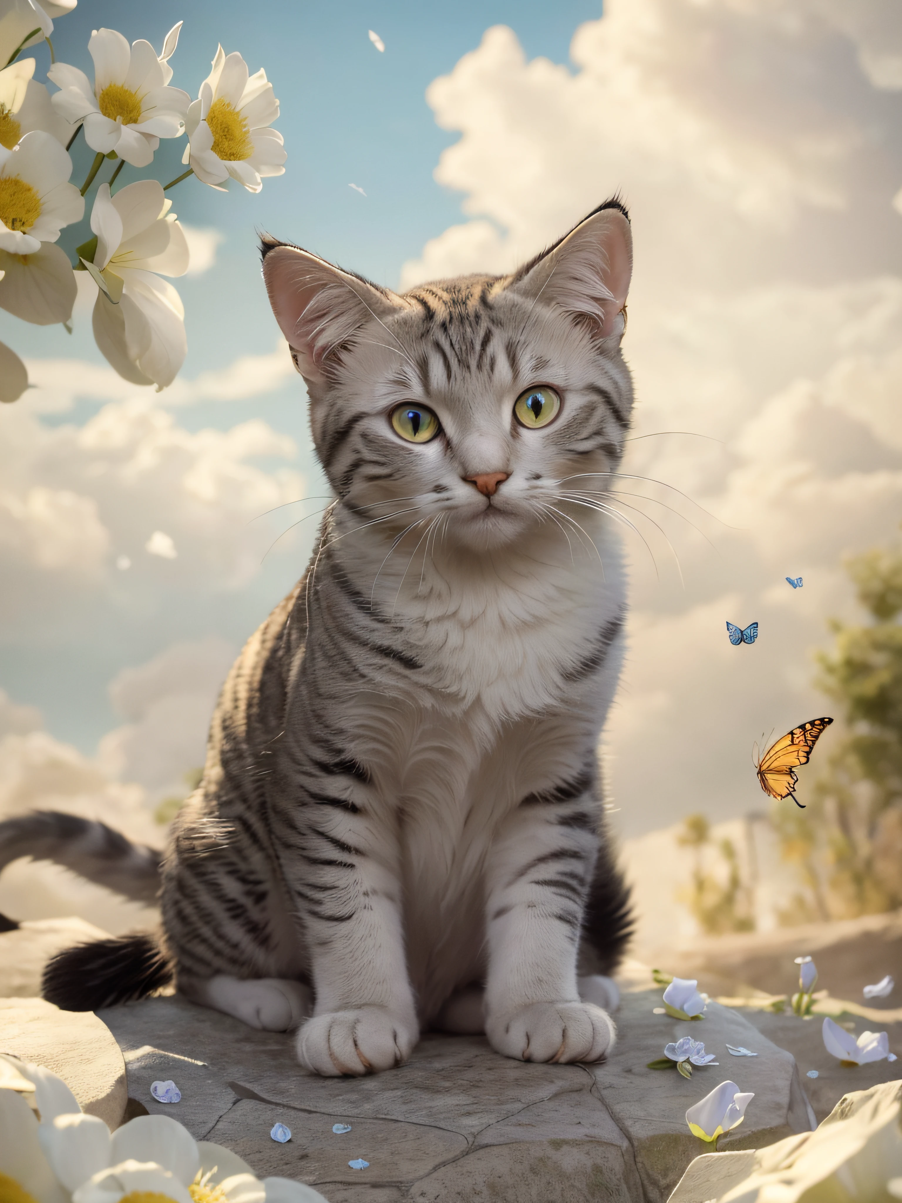 best quality, masterpiece, ultra high res,
animal focus, no humans, cat,(white fur:0.8)|(grey fur:1.1)|(black fur:1),siting on stone,flowers,butterfly,garden,realistic,