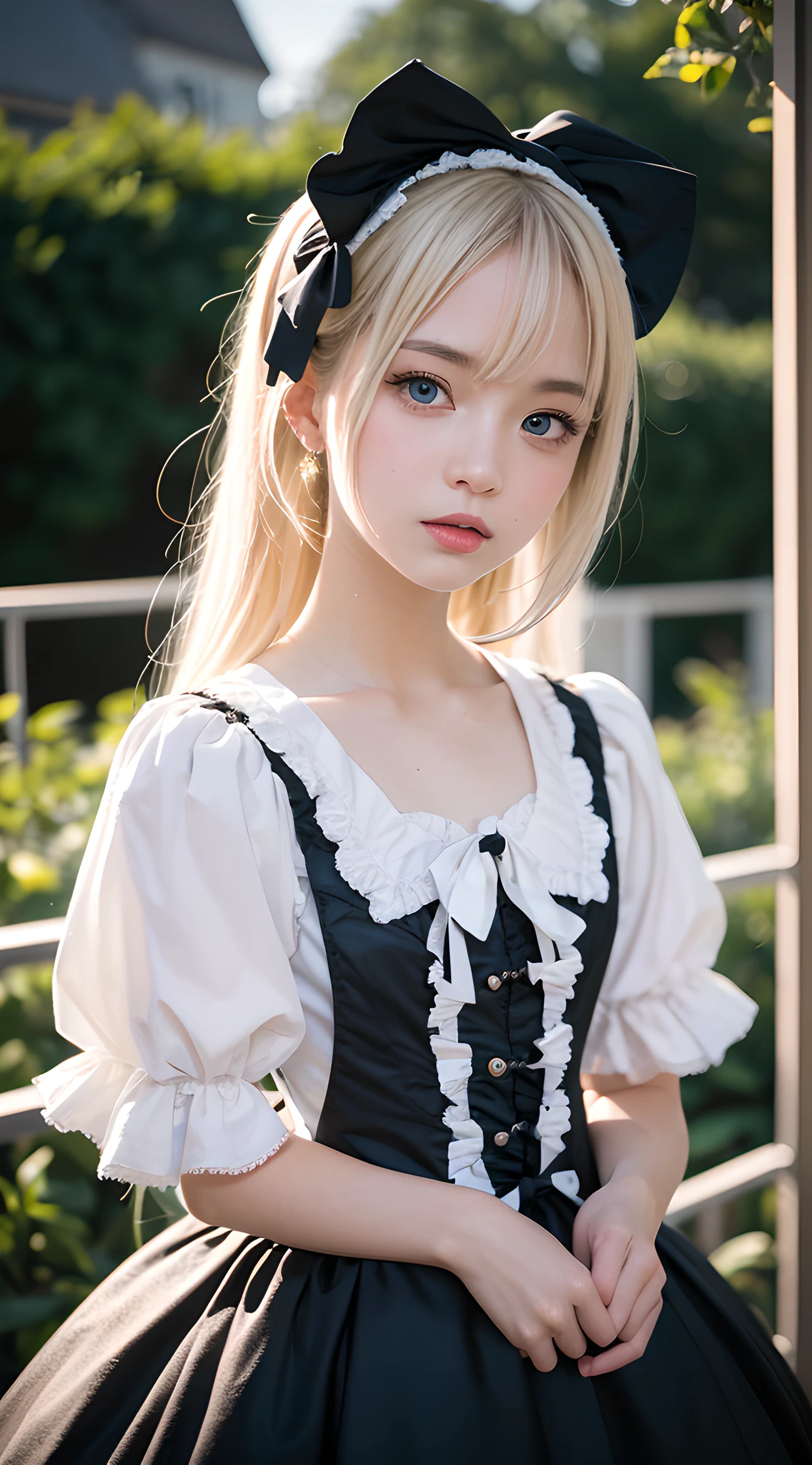 (masterpiece, best quality:1.2), 8k, 85mm, official art, raw photo, absurdres, platinum blonde hair, (blue eyes, ****ta fashion, sweet****ta, gothic, dress:1.2), idol face, upper body, beautiful girl, gardeniass, Copenhagen, short sleeve, elegance, sophisticated, gardenia, looking at viewer, film grain, chromatic aberration, sharp focus, facelight, dynamic lighting, cinematic lighting, detailed face, bokeh background