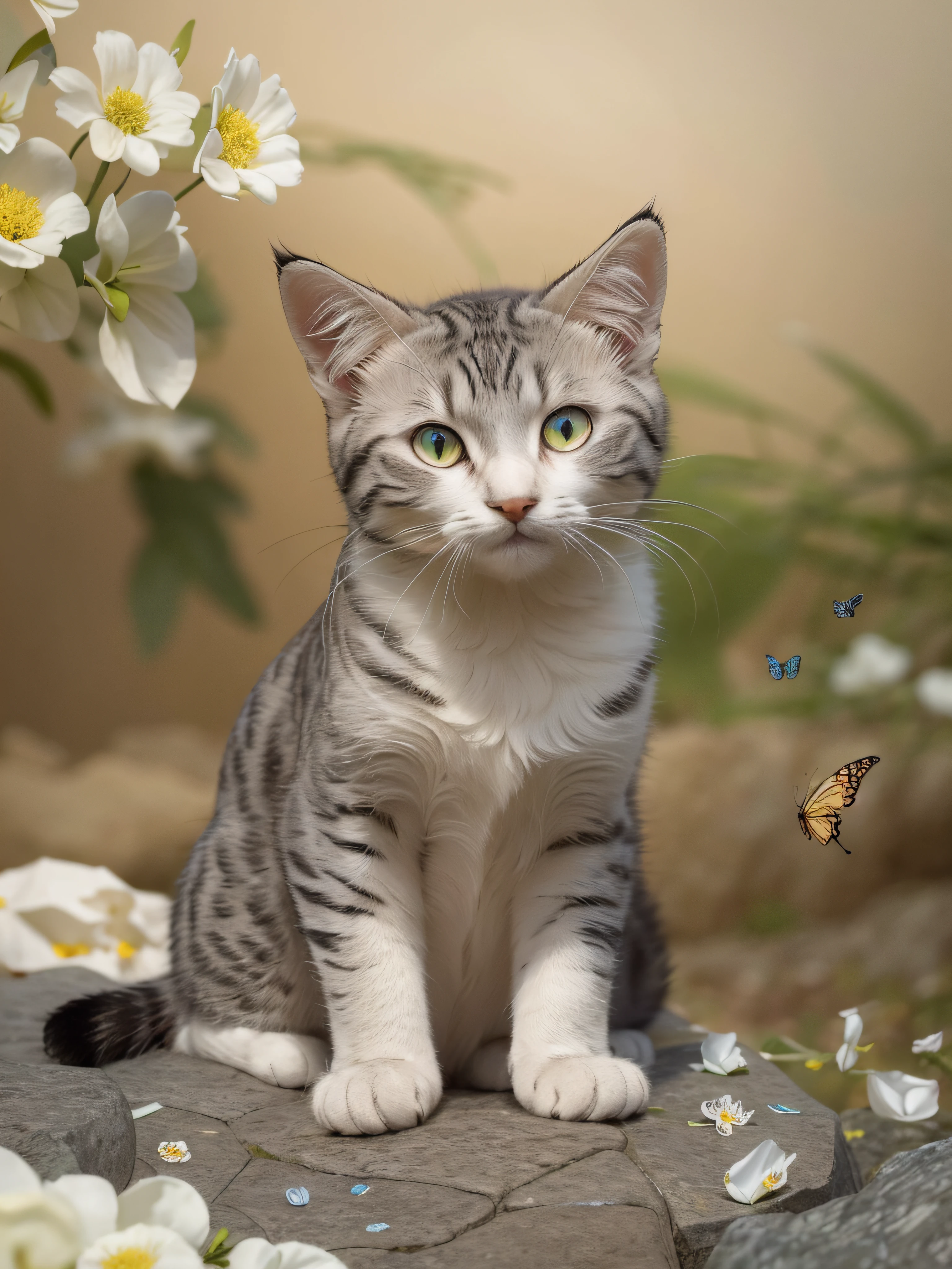 best quality, masterpiece, ultra high res,
animal focus, no humans, cat,(white fur:0.8)|(grey fur:1.1)|(black fur:1),siting on stone,flowers,butterfly，garden，realistic,