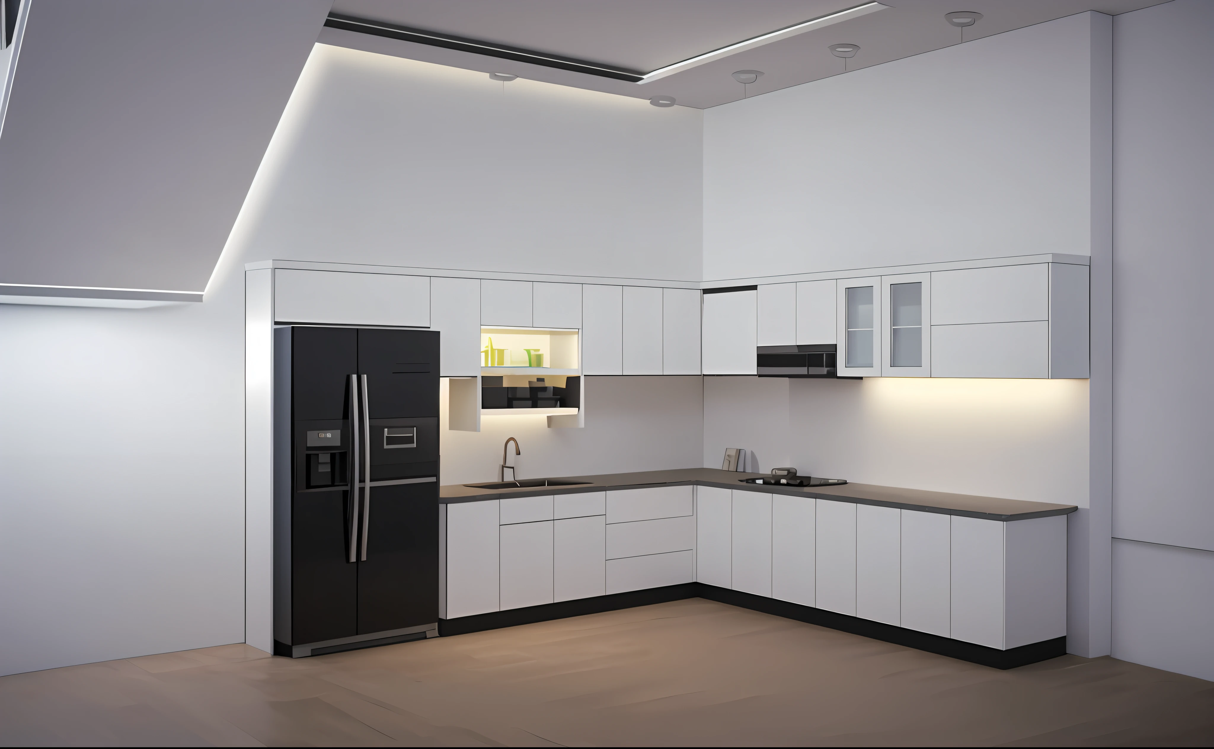 CircuitBoardAI building, a view of a kitchen with a spiral staircase and a white counter, 3 d rendering, 3d rendering, 3d design, 3 d design, kitchen, sketch - up, 2 d render, 3d render, 3 d render, d render, render 3 d, concept house, render vray, residential design, 3 d render n - 9, 3 drender