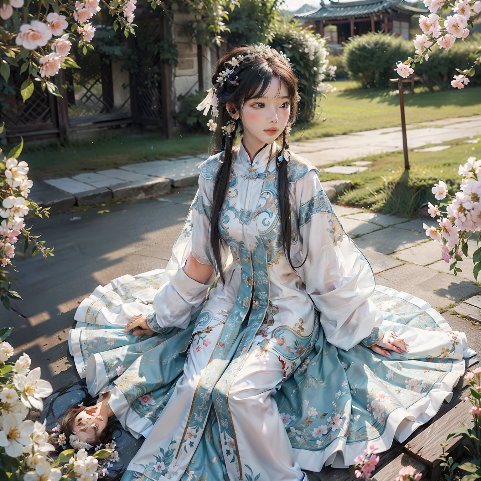 zhongfenghua, 1girl, (full body) solo, hanfu, flower field, blossom, (white smokes:1.3) (photorealistic:1.4), zentangle, mandala, entangle, official art, unity 8k wallpaper, ultra detailed, beautiful and aesthetic, masterpiece,best quality, (dynamic angle:1.4), glowing skin, (floating colorful sparkles:1) the most beautiful form of chaos, elegant, vivid colours, romanticism depth of field,