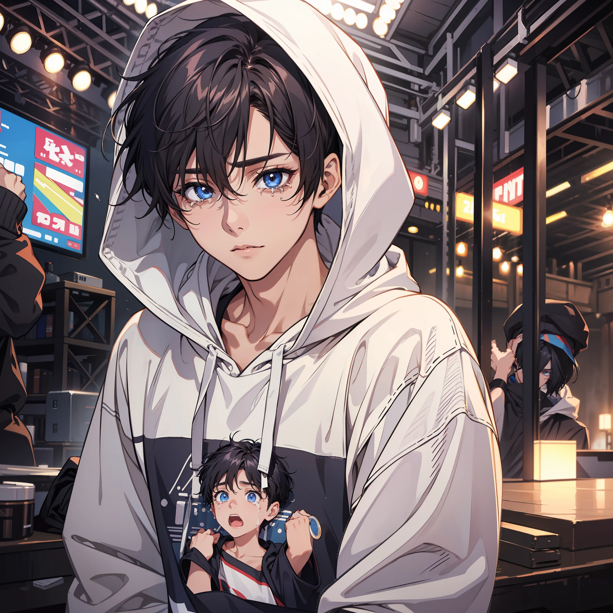 tmasterpiece,best qualtiy,1boy ,Handsome,short detailed hair,Fine eyes and detailed face,hoodie oversized,Stage performances,There are tears in the corners of the eyes