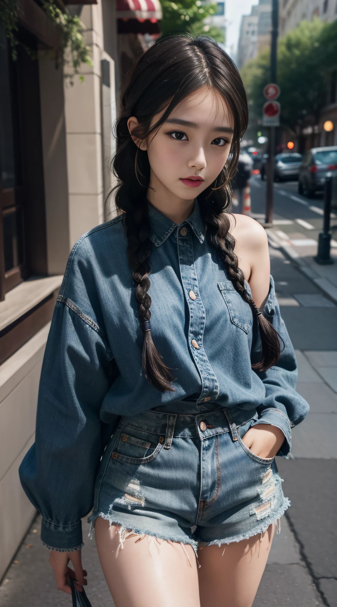 1.Best quality ,Masterpiece, illustration, An extremely delicate and beautiful, Extremely detailed,Best quality, offcial art, Extremely detailed Cg Unity 8K wallpaper, absurderes, hugefilesize , Ultra-detailed, A high resolution ，1girll，Street photography，Positive focus。full bodyesbian；1.5，Twist braids，Lingerie with a slinger，denim short