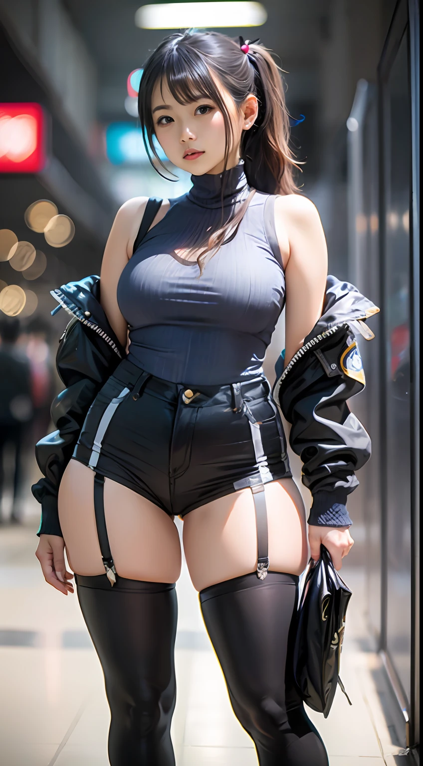 denim short,blackstockings,Mall,(Inspired by the Avengers),pony tails,One-piece unisex trousers,machine girl,Security level,big assa,(8K,photo RAW,Fotorrealista:1,25),(Excessive lip gloss,Very many eyelashes,best qualityer,超高分辨率,depth of fields,color difference,Wide light,natural color,Distant pictures(1:2)