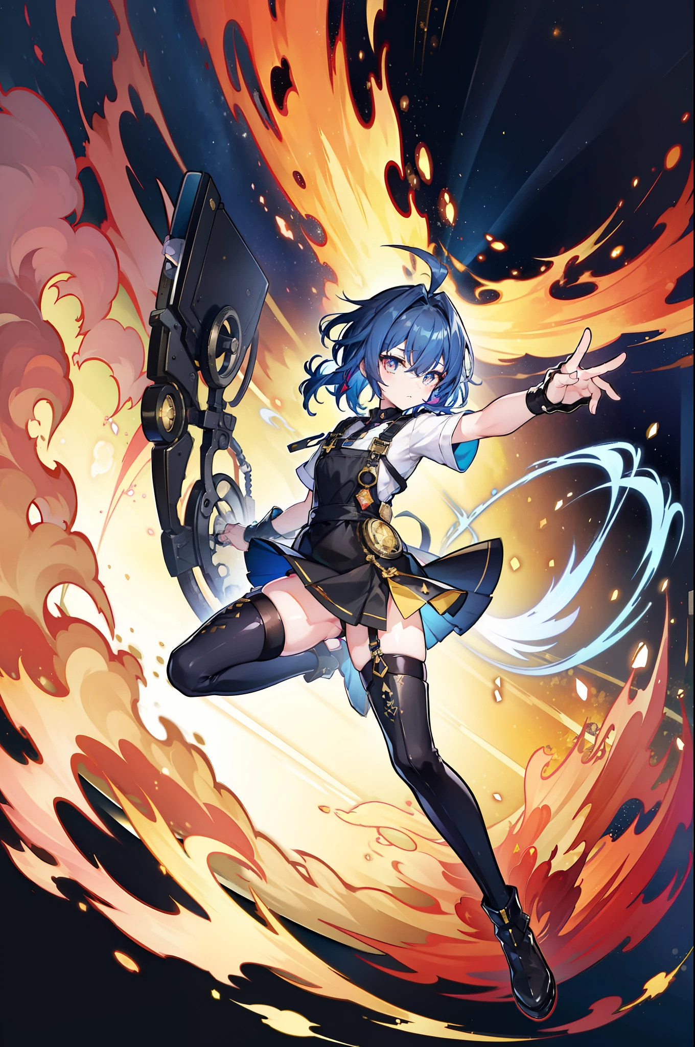 (masterpiece, top quality, best quality), art, 1girl, two side up, solo, :3, blush, expressive eyes, perfect face, cute, girl, simple design, (dark blue hair trims, dark blue hair highlights, two-side ups, light blue hair, blue hair, flaming hair), headband, ribbon, golden eyes, golden apron, black uniform, ((black skirt, black thigh highs, black boots, golden trims, overalls, dungarees)), fullbody, full body, splash screen, (swirling background, dynamic scene) 18th century clothing, genshin impact, medieval, traditional, constellations, short hair, twoside up, hair style, black sleeves, cute, adorable, young girl, short, small ahoge