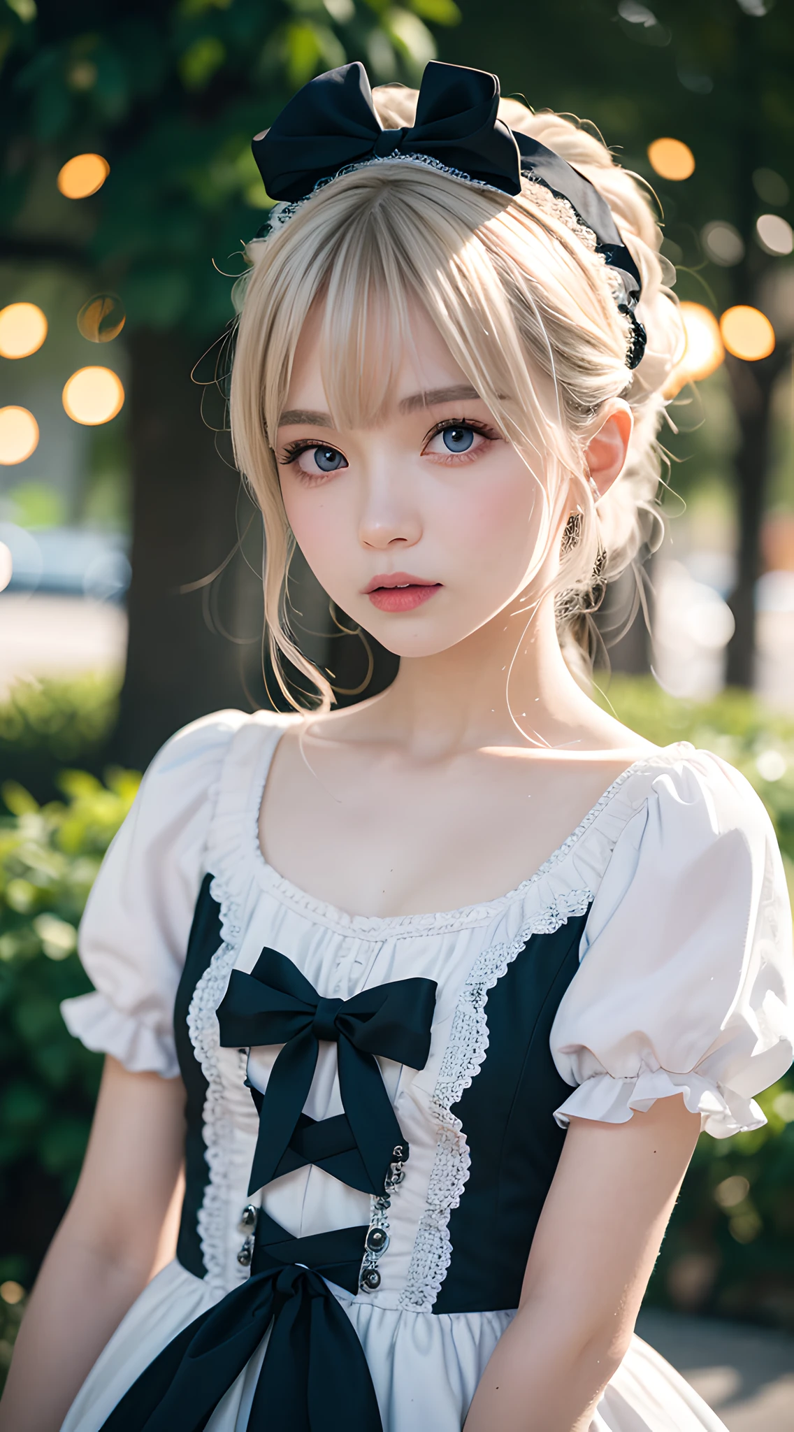 (masterpiece, best quality:1.2), 8k, 85mm, official art, raw photo, absurdres, platinum blonde hair, (blue eyes, ****ta fashion, sweet****ta, gothic, dress:1.2), idol face, upper body, beautiful girl, gardeniass, Copenhagen, short sleeve, elegance, sophisticated, gardenia, looking at viewer, film grain, chromatic aberration, sharp focus, facelight, dynamic lighting, cinematic lighting, detailed face, bokeh background