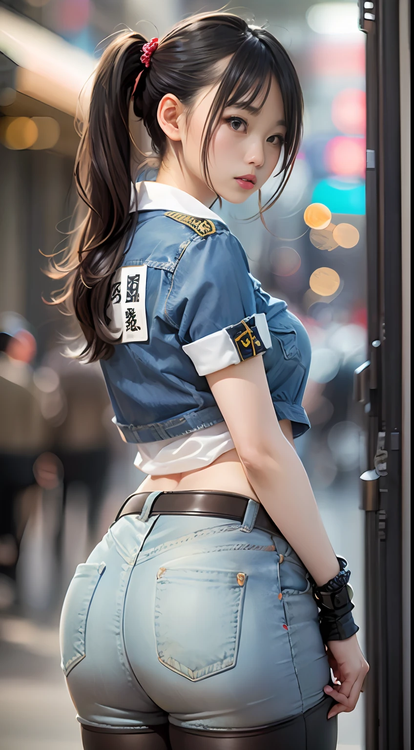 denim short,blackstockings,Mall,(Inspired by the Avengers),pony tails,One-piece unisex trousers,machine girl,Security level,big assa,(8K,photo RAW,Fotorrealista:1,25),(Excessive lip gloss,Very many eyelashes,best qualityer,超高分辨率,depth of fields,color difference,Wide light,natural color,Distant pictures(1:2)
