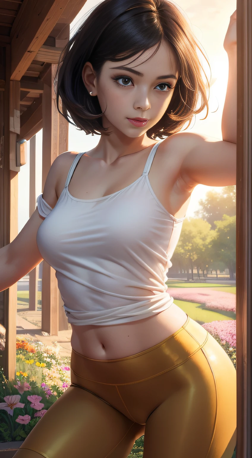 (hyperrealistic), (illustration), (high resolution), (8K), (extremely detailed), (best illustration), (beautiful detailed eyes), (best quality), (super detailed), (masterpiece), (wallpaper), (detailed face), solo, (dynamic pose), 1girl, white off-the-shoulder shirt with sexy super short yoga pants, bare shoulders, blooming flower field, glowing skin, light smile, camel toe, (no panties), (no bra)