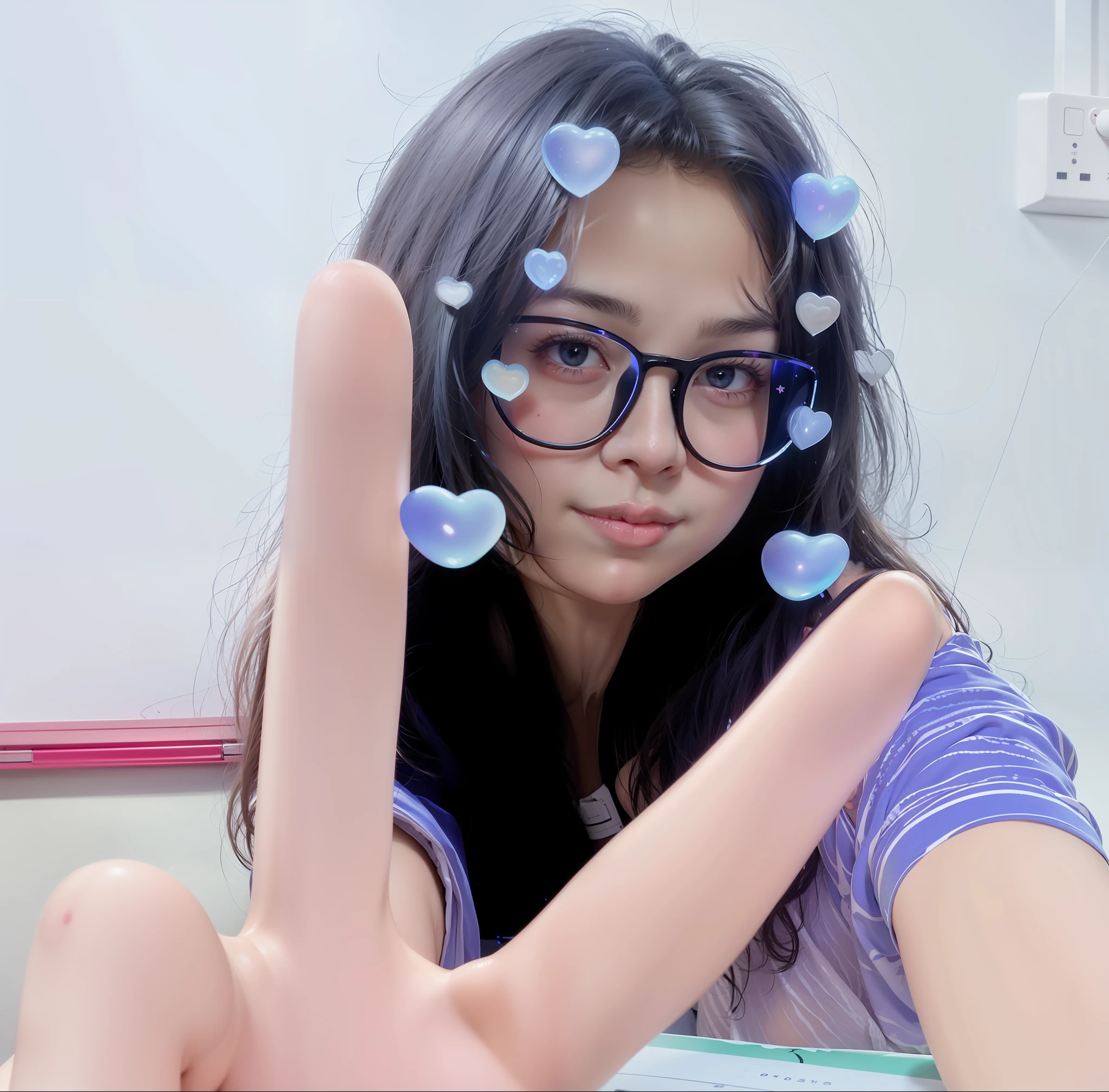 ,Ruan cute vtuber, small heart - shaped face, With glasses, with index finger, uwu, dang my linh, with kind face, clear cute face, 8k selfie photograph, very low quality, Quality, low quality photo,Eyes shining with stars,Envisioning the future,