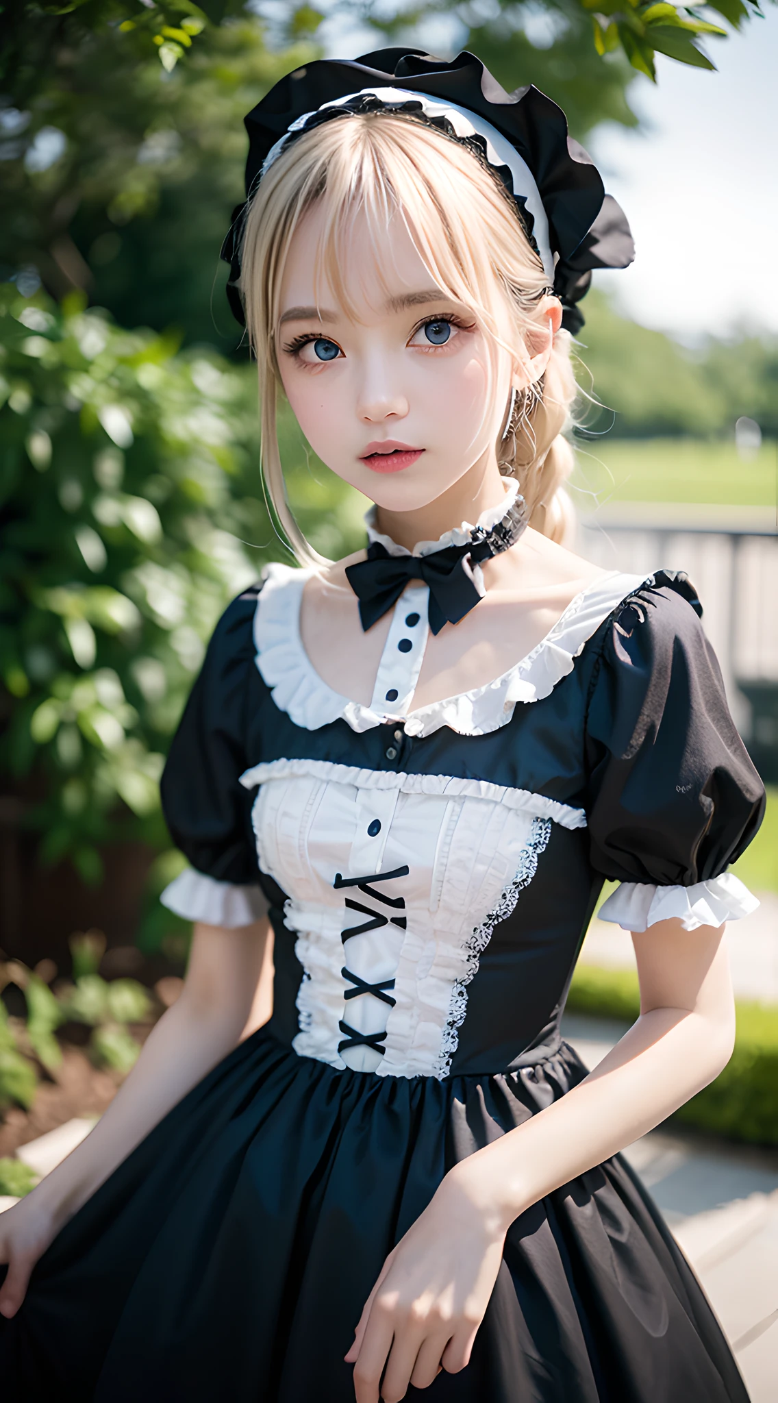 (masterpiece, best quality:1.2), 8k, 85mm, official art, raw photo, absurdres, platinum blonde hair, (blue eyes, lolita fashion, sweetlolita, gothic, dress:1.2), idol face, upper body, beautiful girl, gardeniass, Copenhagen, short sleeve, elegance, sophisticated, gardenia, looking at viewer, film grain, chromatic aberration, sharp focus, facelight, dynamic lighting, cinematic lighting, detailed face, bokeh background