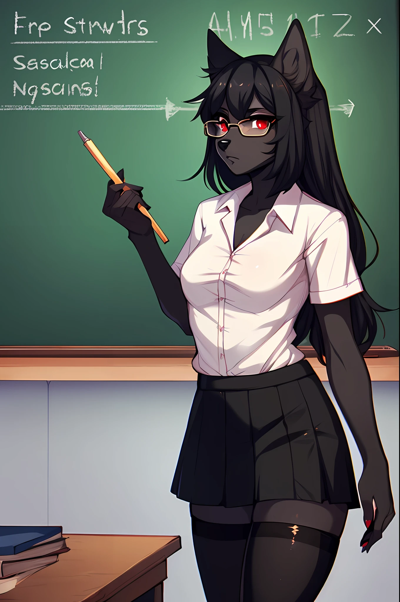 Solo, (by hyattlen, by fumiko, by claweddrip:1.2) an all black anthro furry fox girl, (black furry body:1.4), very long straightened black hair, wearing a button up white shirt, long black skirt, wearing glasses, serious look on face, leggings, high heels,standing in a classroom, teaching, in front of a chalkboard, masterpiece, (cute snout:1.2) black nose, solid red eyes, (black skin:1.2)