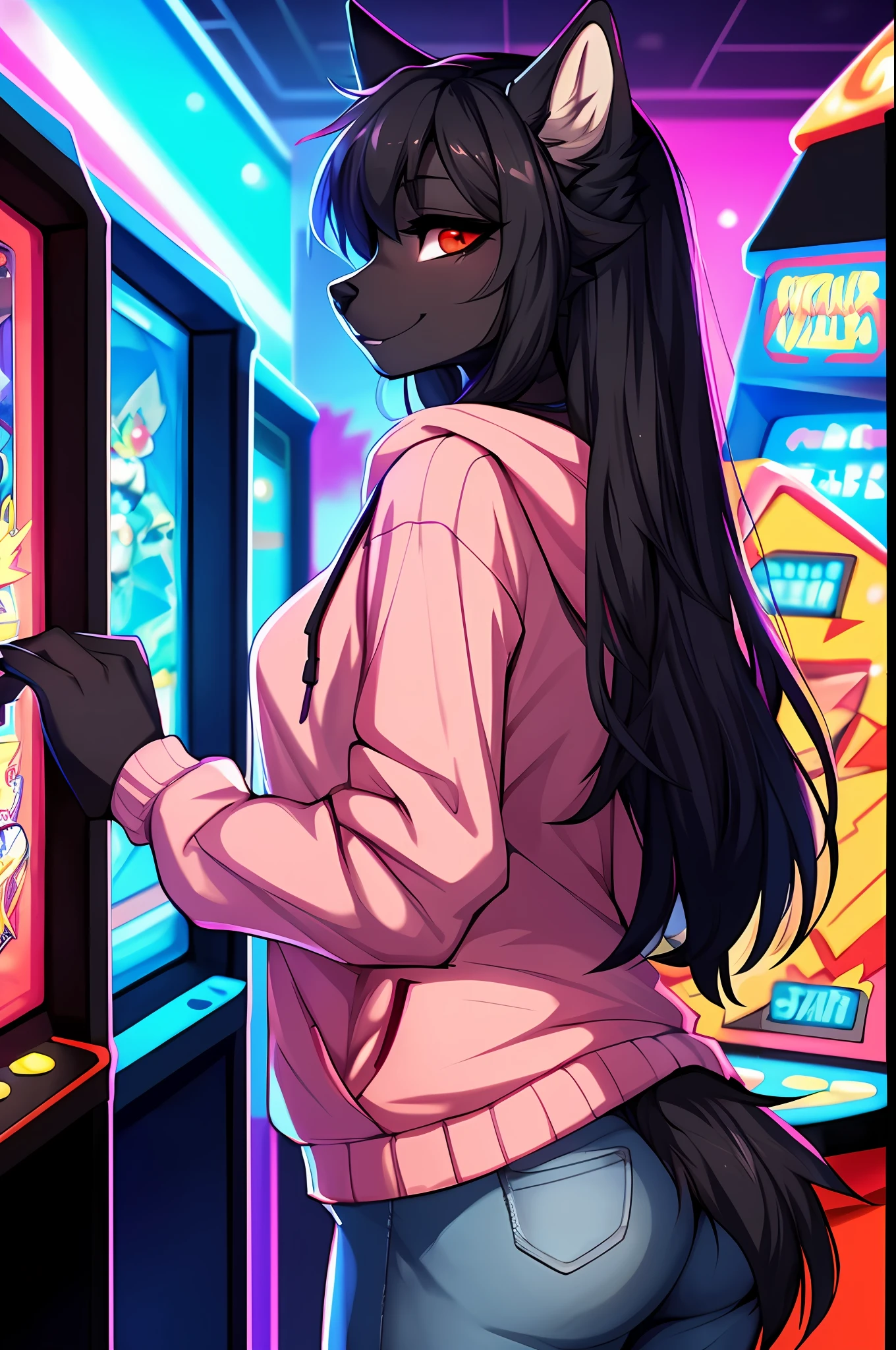 Solo, (by hyattlen, by fumiko, by claweddrip:1.2) an all black anthro furry fox girl, (black furry body:1.2), very long straightened black hair, masterpiece, (cute snout:1.2) black nose, solid red eyes, (black skin:1.2) playing on an arcade box, arcade machine, at an arcade, smiling, wide eyes, looking at arcade games, looking away from viewer, wearing a nerdy baggy pink hoodie, wearing ripped jeans, in a vibrant arcade