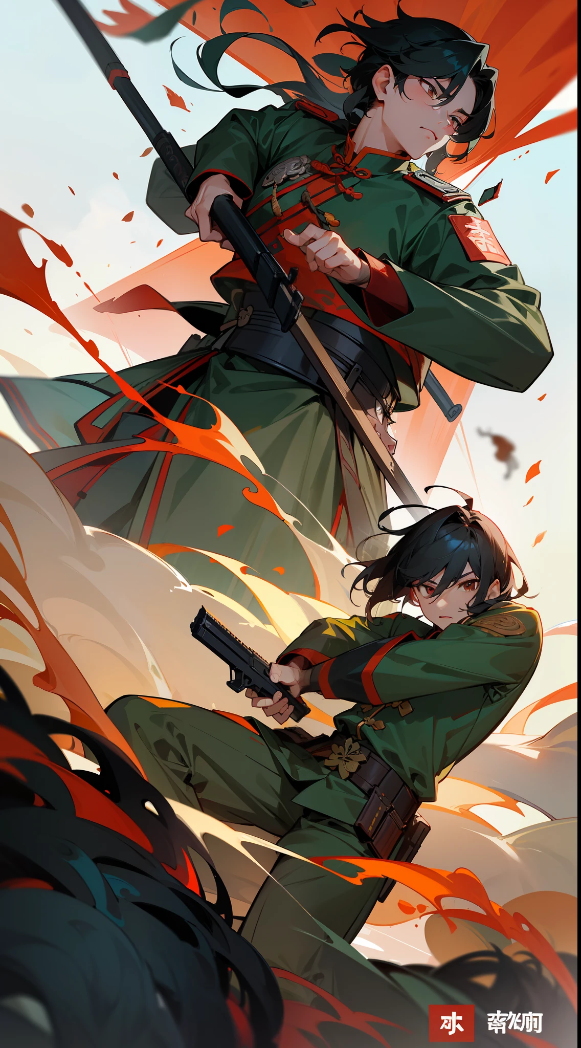 Two Chinese soldiers stood together with guns, an army recruitment poster, military police, ruanjia, perfect military composure, Mechanized police infantry, Cai Xukun, nanquan, inspired by Zhang Zongcang, Ruan Jia and Fenghua Zhong, 💣 💥, yiqiang and shurakrgt,