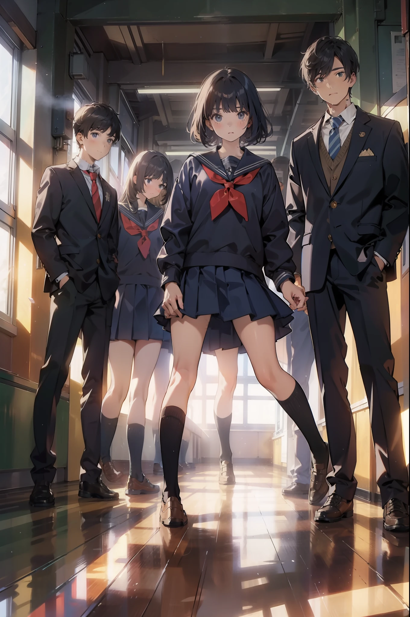 1girll, school hallway, school uniform, all  fours, Multiple boys, Boys' uniform,, Masterpiece, Best quality, Highly detailed